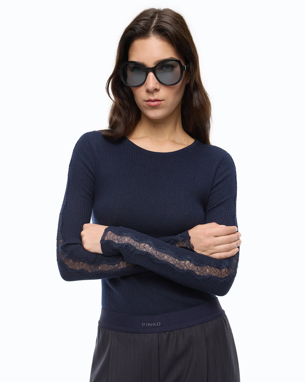 Maglia a costine con pizzo 107269A3I0 G02 PINKO Blu-eclissi totale 