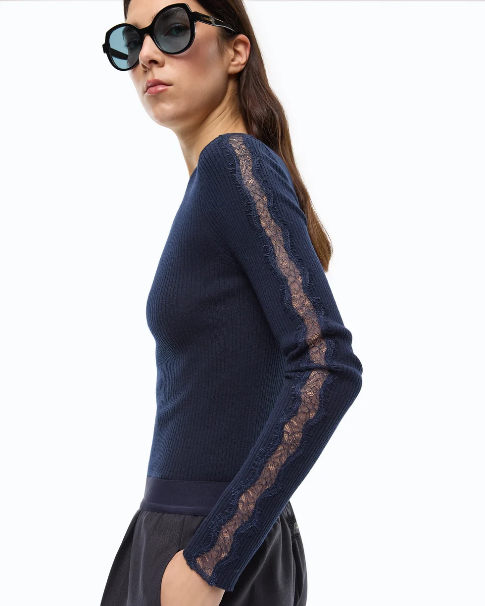 Maglia a costine con pizzo 107269A3I0 G02 PINKO Blu-eclissi totale 