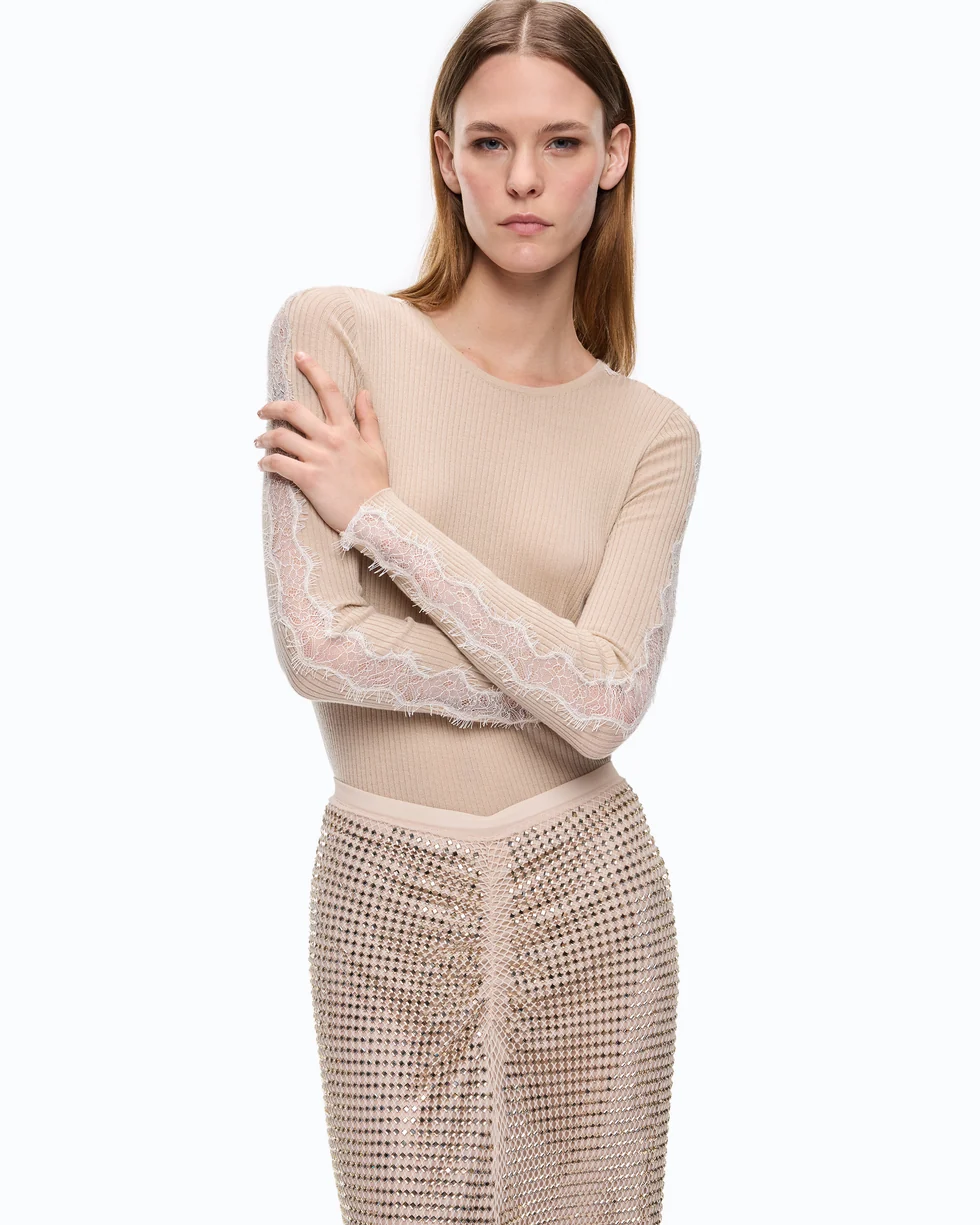 Maglia a costine con pizzo 107269A3I0 I20 PINKO Beige-piuma 