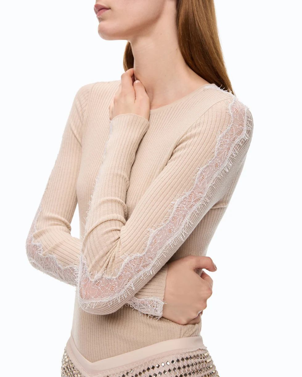 Maglia a costine con pizzo 107269A3I0 I20 PINKO Beige-piuma 