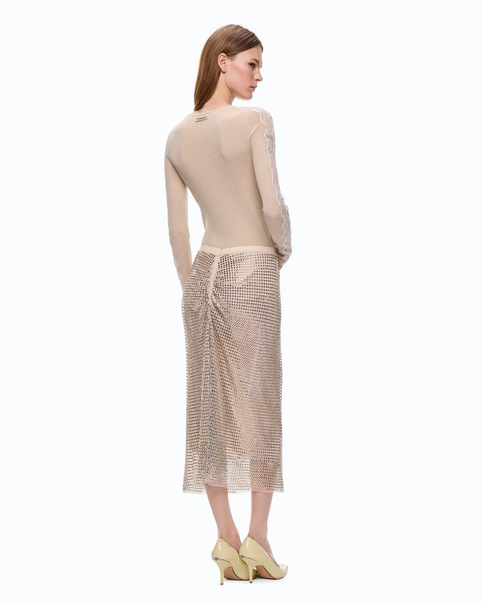 Maglia a costine con pizzo 107269A3I0 I20 PINKO Beige-piuma 