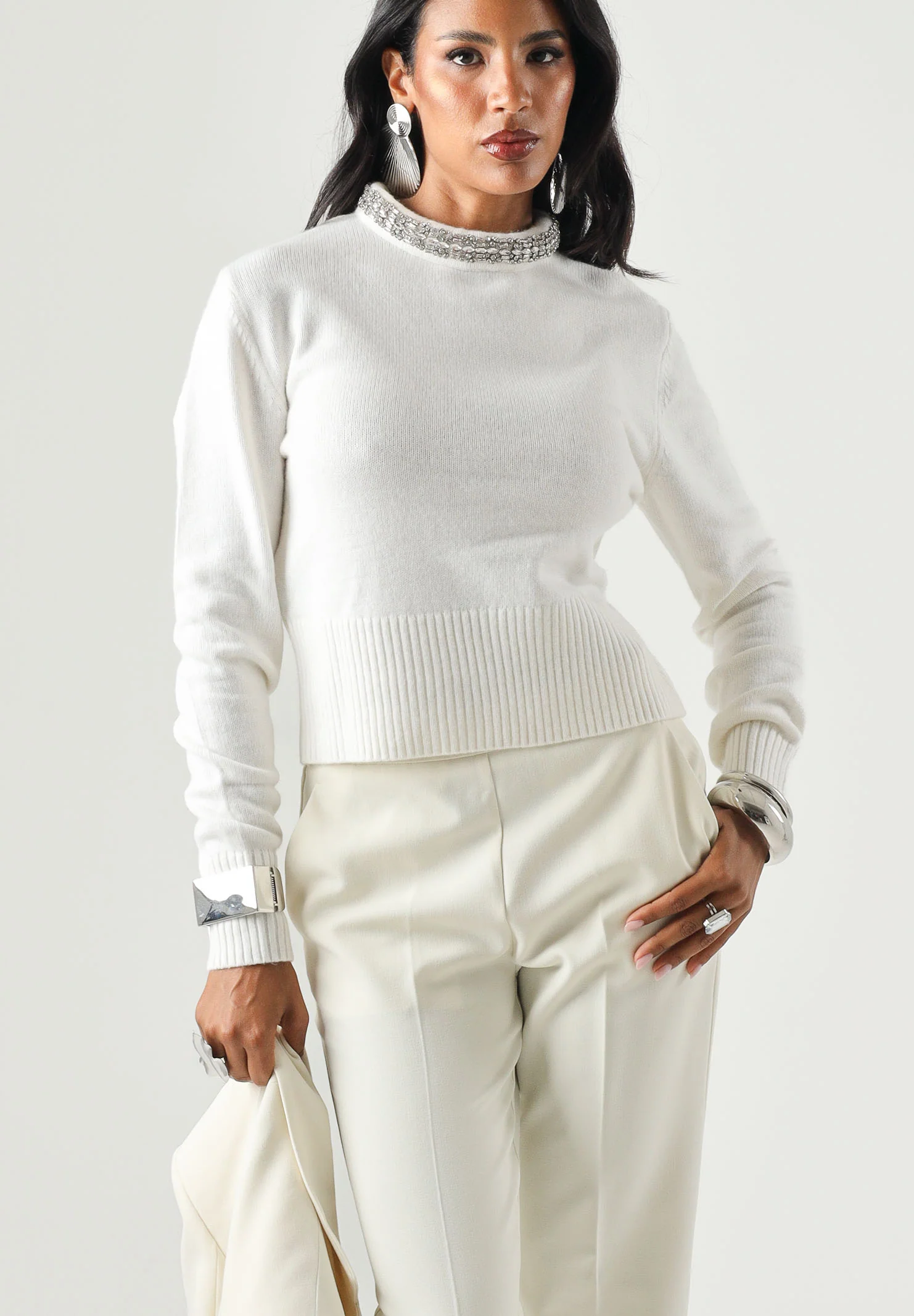 Maglia in misto lana con collo gioiello 107274A3GI Z03 PINKO Bianco inverno 