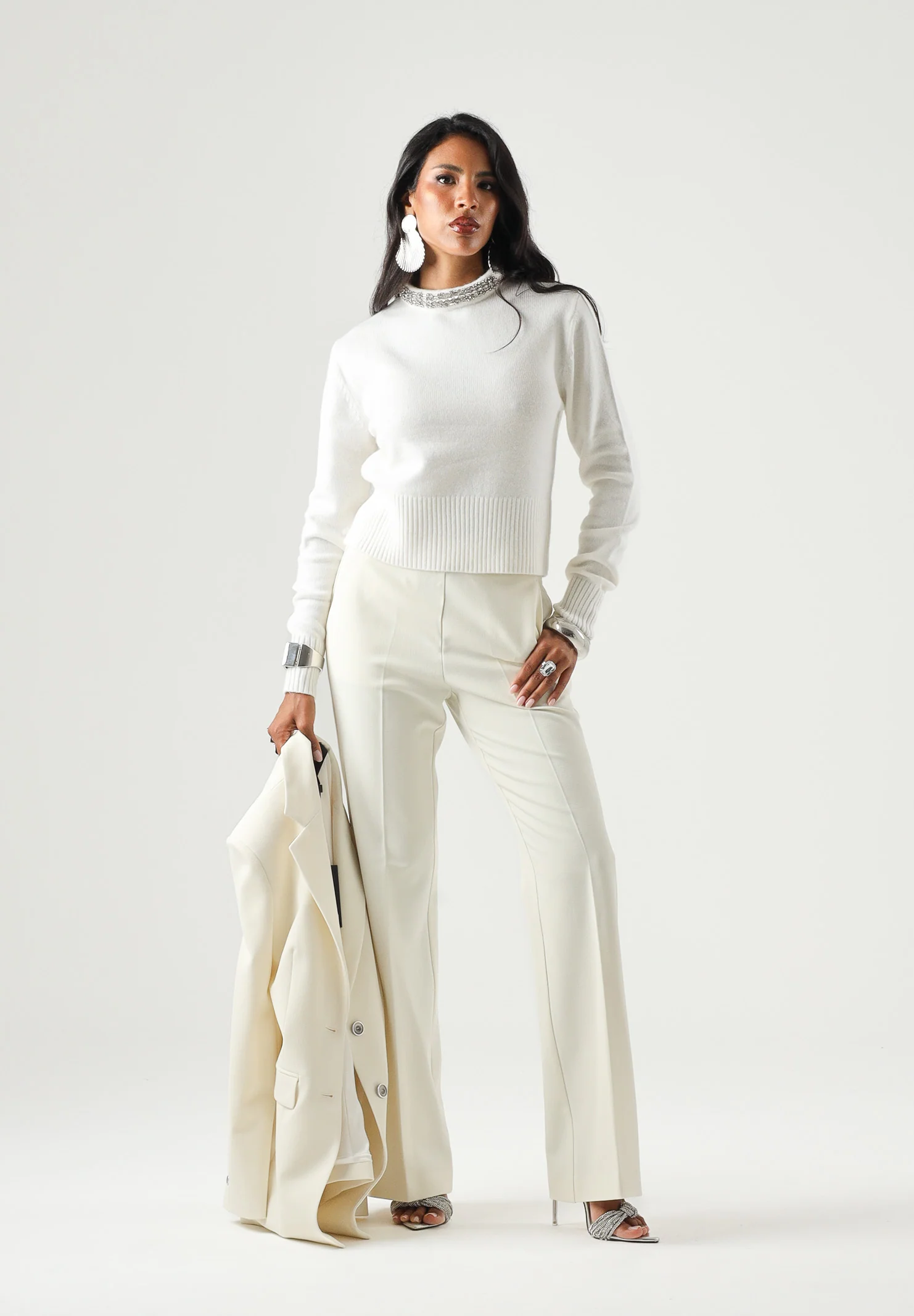 Maglia in misto lana con collo gioiello 107274A3GI Z03 PINKO Bianco inverno 
