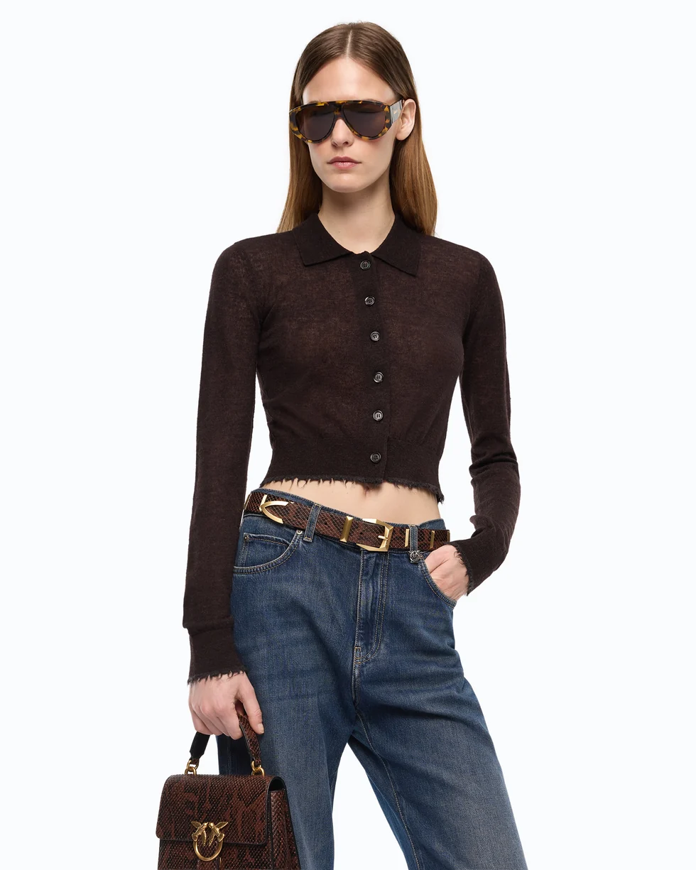 Cardigan cropped con colletto a polo 107331A3IQ M05 PINKO Marrone java 