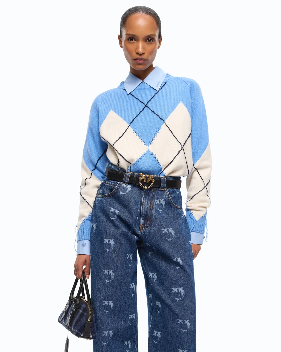 Maglione in lana e cashmere con maxi rombi 107377A3JE EC4 PINKO Azzurro/panna 