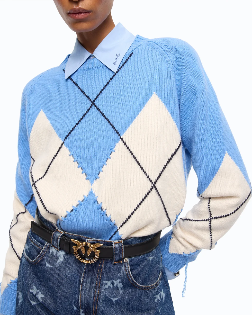 Maglione in lana e cashmere con maxi rombi 107377A3JE EC4 PINKO Azzurro/panna 