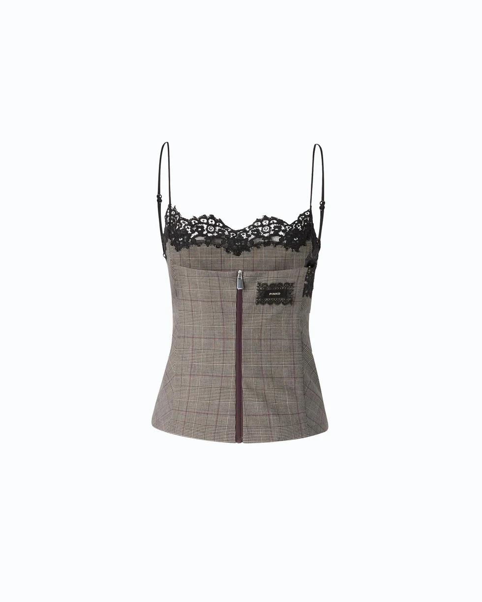 Top a quadri con pizzo 107472A3FF CYZ PINKO Beige/bordeaux/nero 