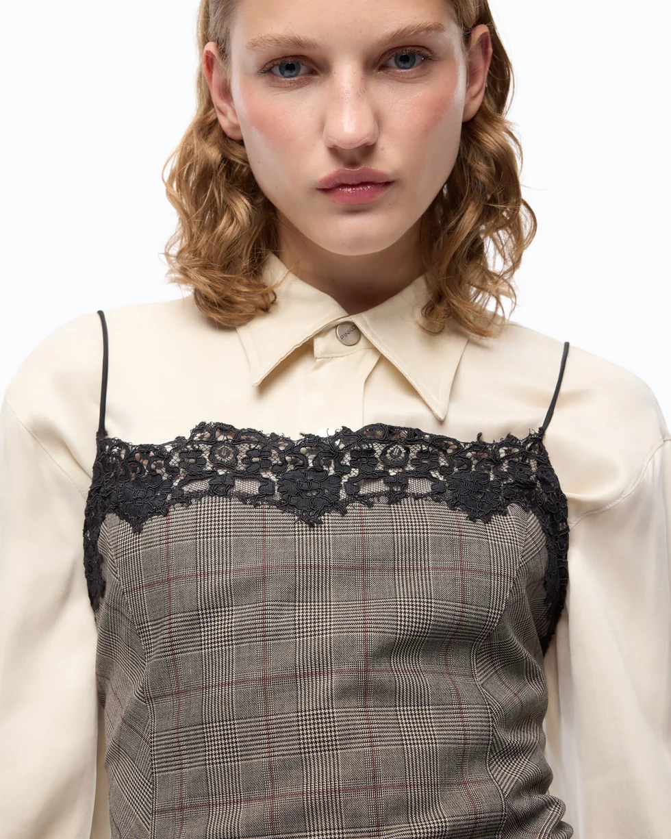 Top a quadri con pizzo 107472A3FF CYZ PINKO Beige/bordeaux/nero 