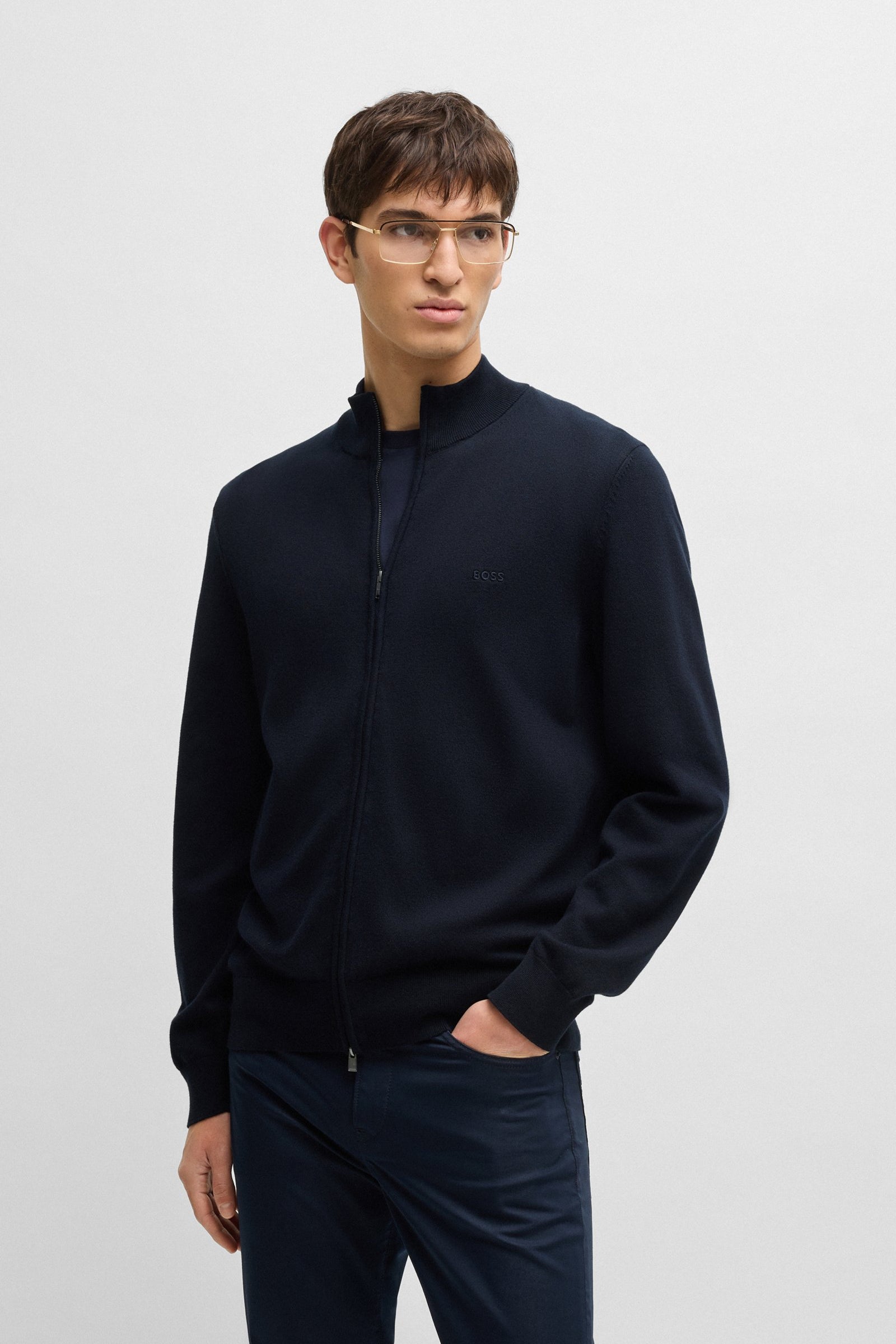 Cardigan in cotone con zip e logo ricamato 50505998 10255178 01 404 BOSS Dark blue 