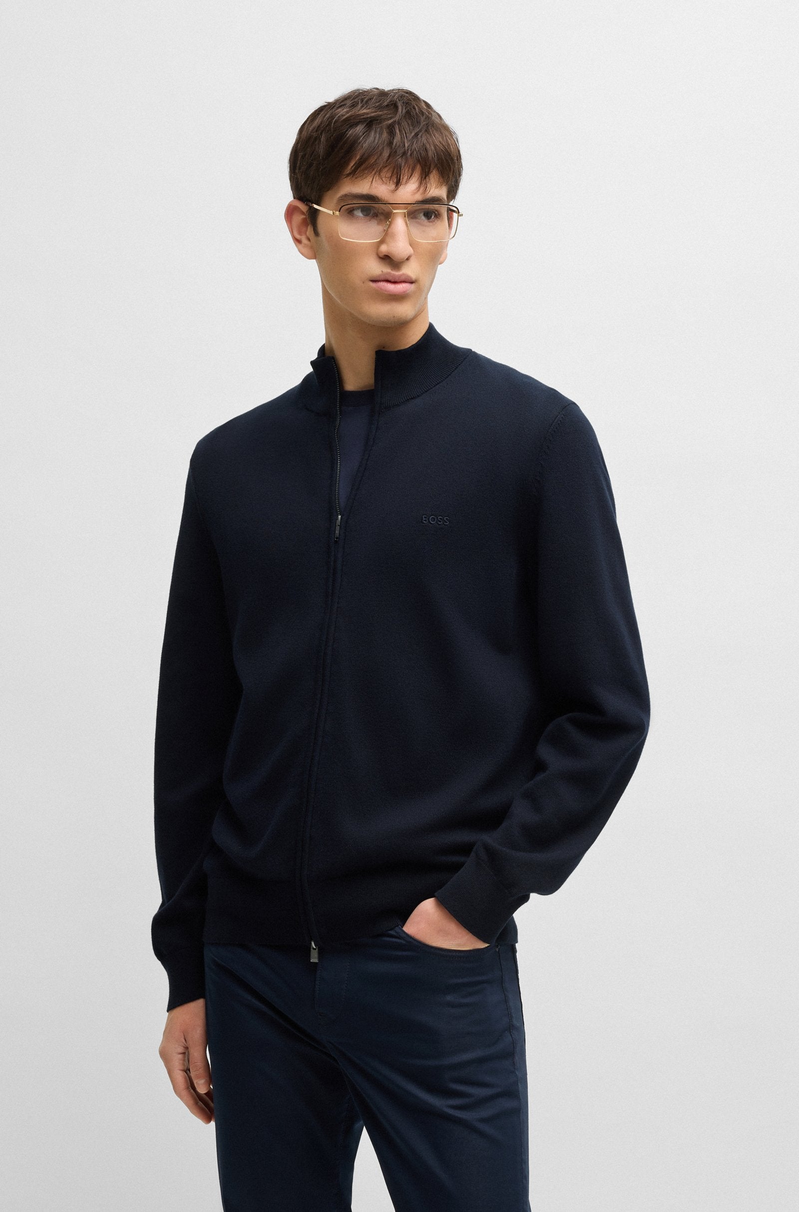 Cardigan in cotone con zip e logo ricamato 50505998 10255178 01 404 BOSS Dark blue 