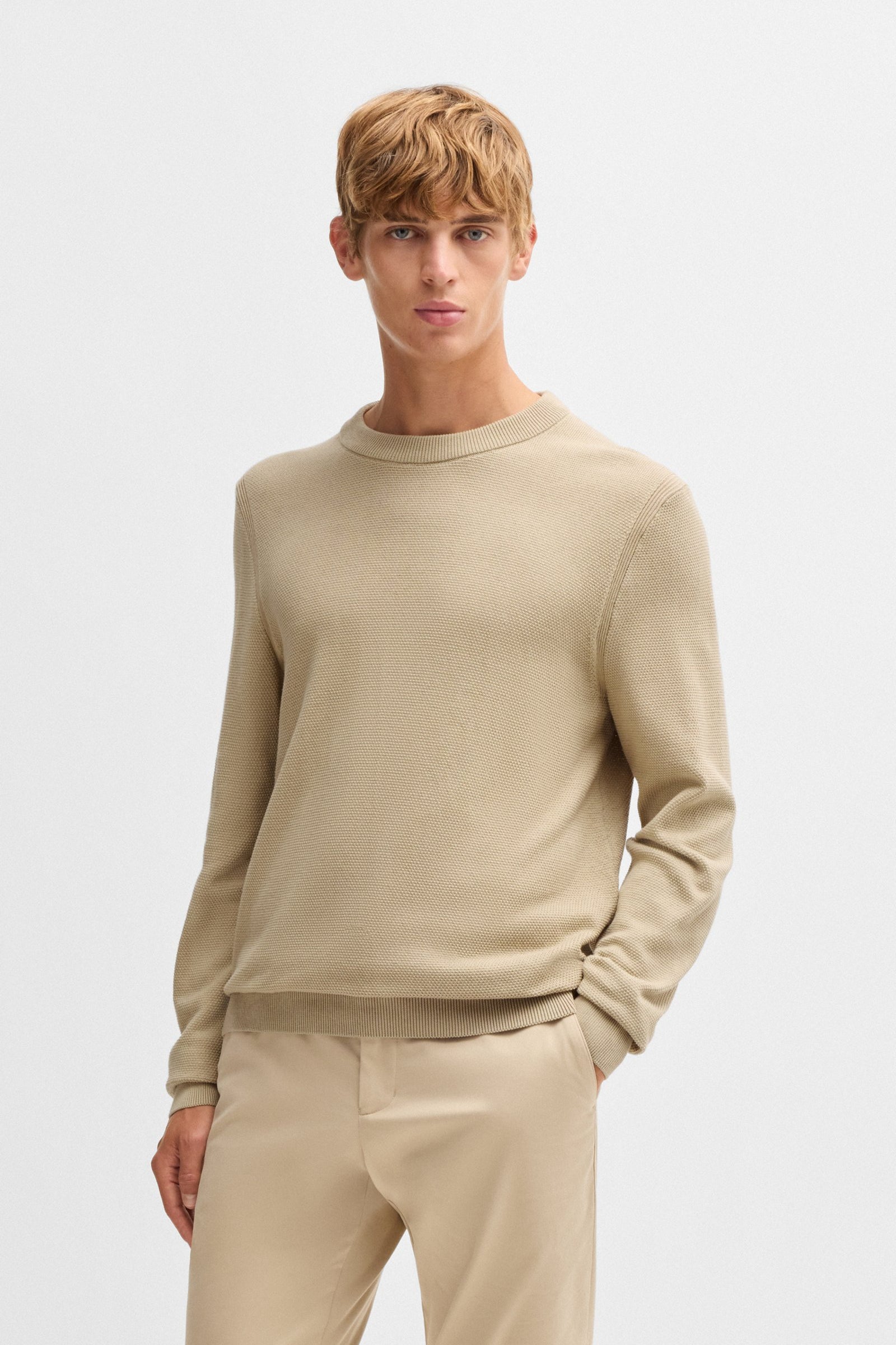 Maglia girocollo in cotone 50506022 10255187 01 275 BOSS Light beige 