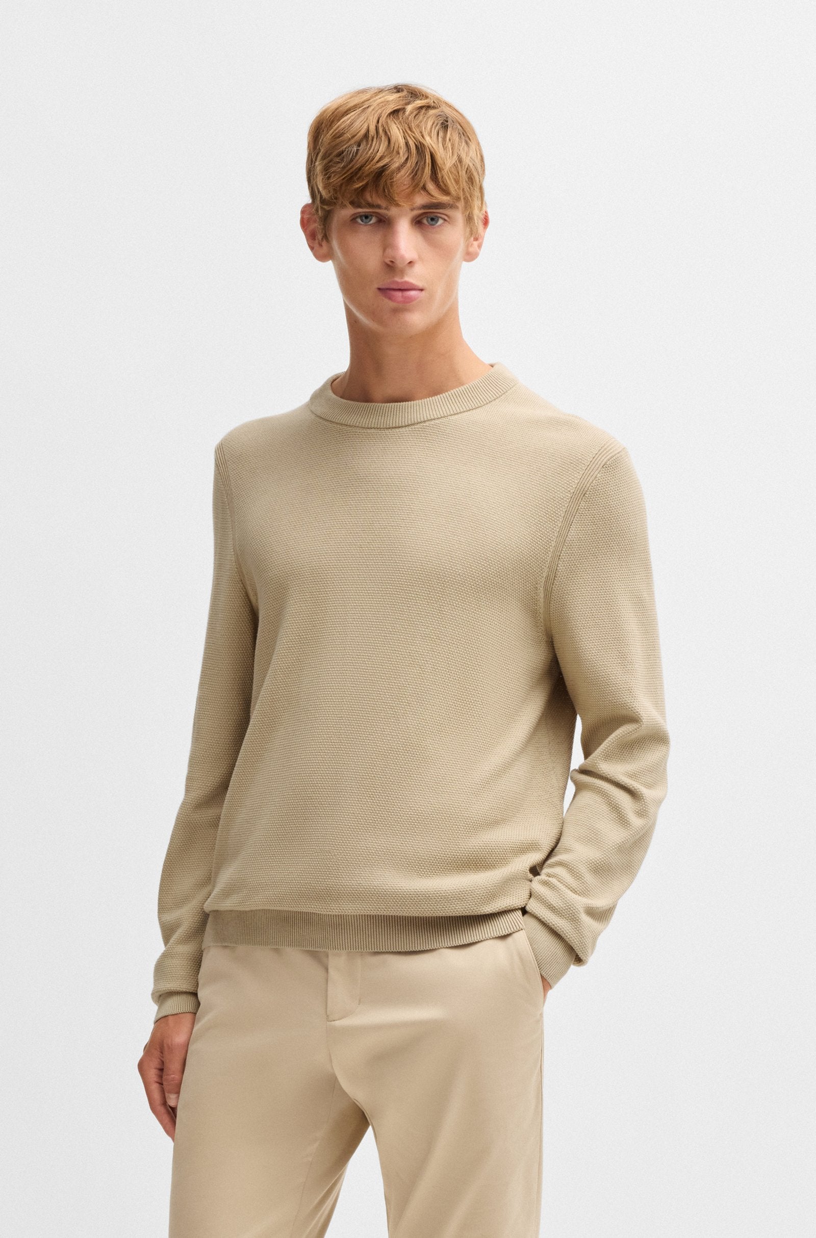 Maglia girocollo in cotone 50506022 10255187 01 275 BOSS Light beige 