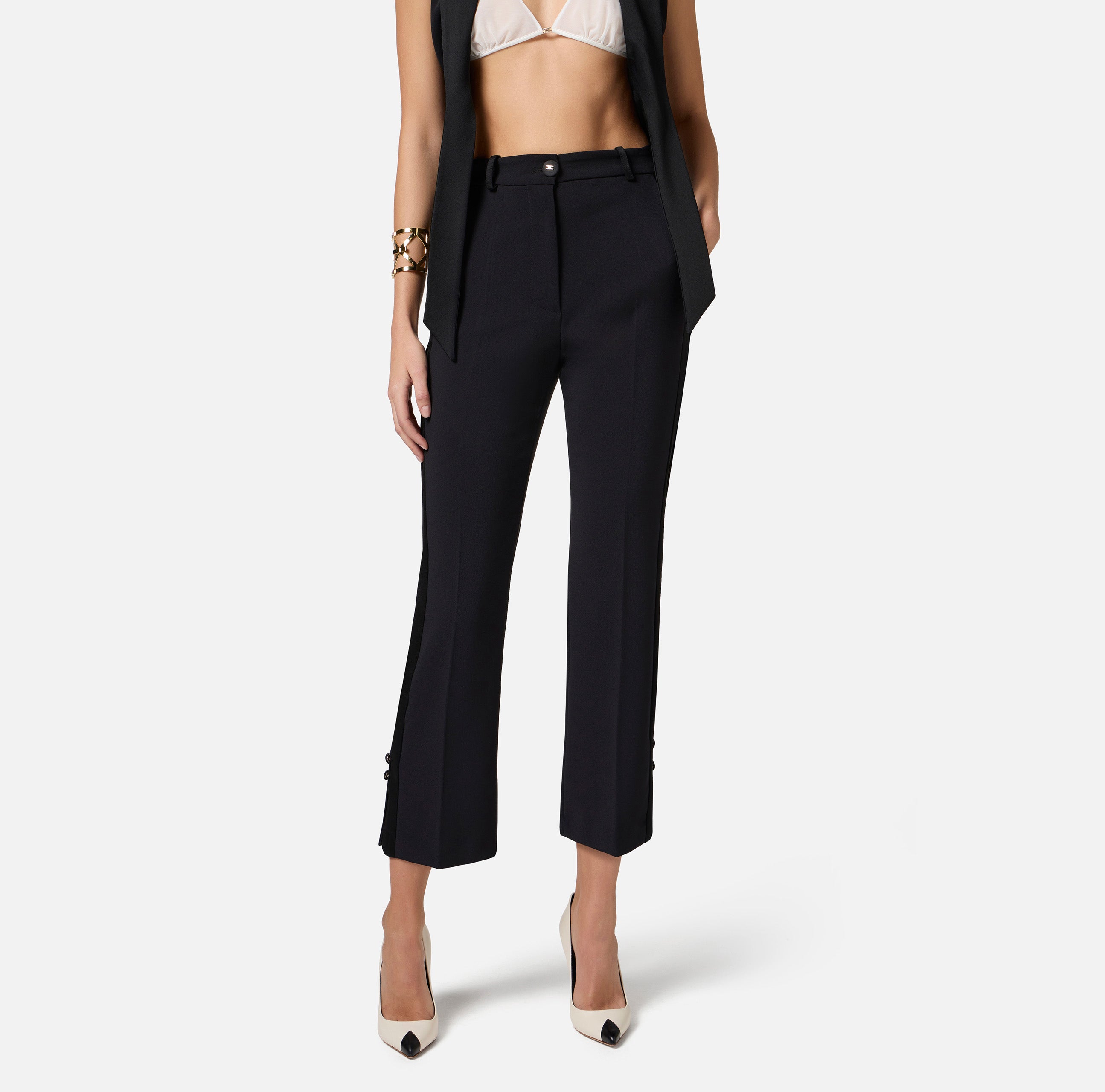 Pantaloni smoking in crêpe con bande in raso PA08651E2 110 ELISABETTA FRANCHI Nero 