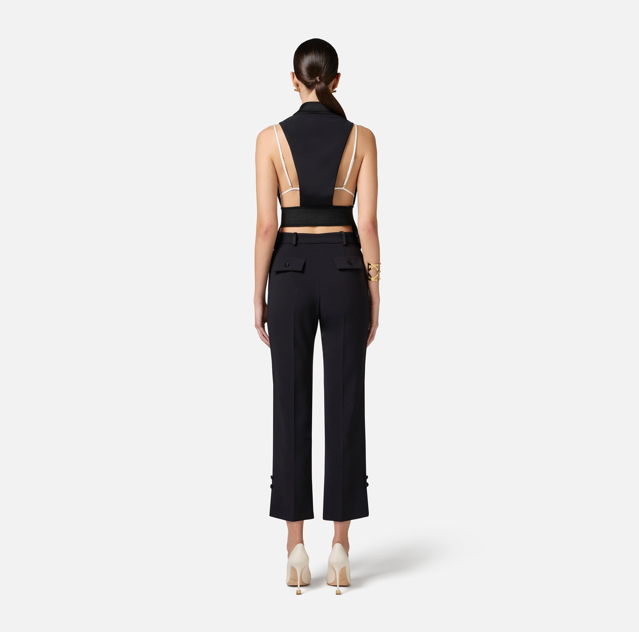 Pantaloni smoking in crêpe con bande in raso PA08651E2 110 ELISABETTA FRANCHI Nero 