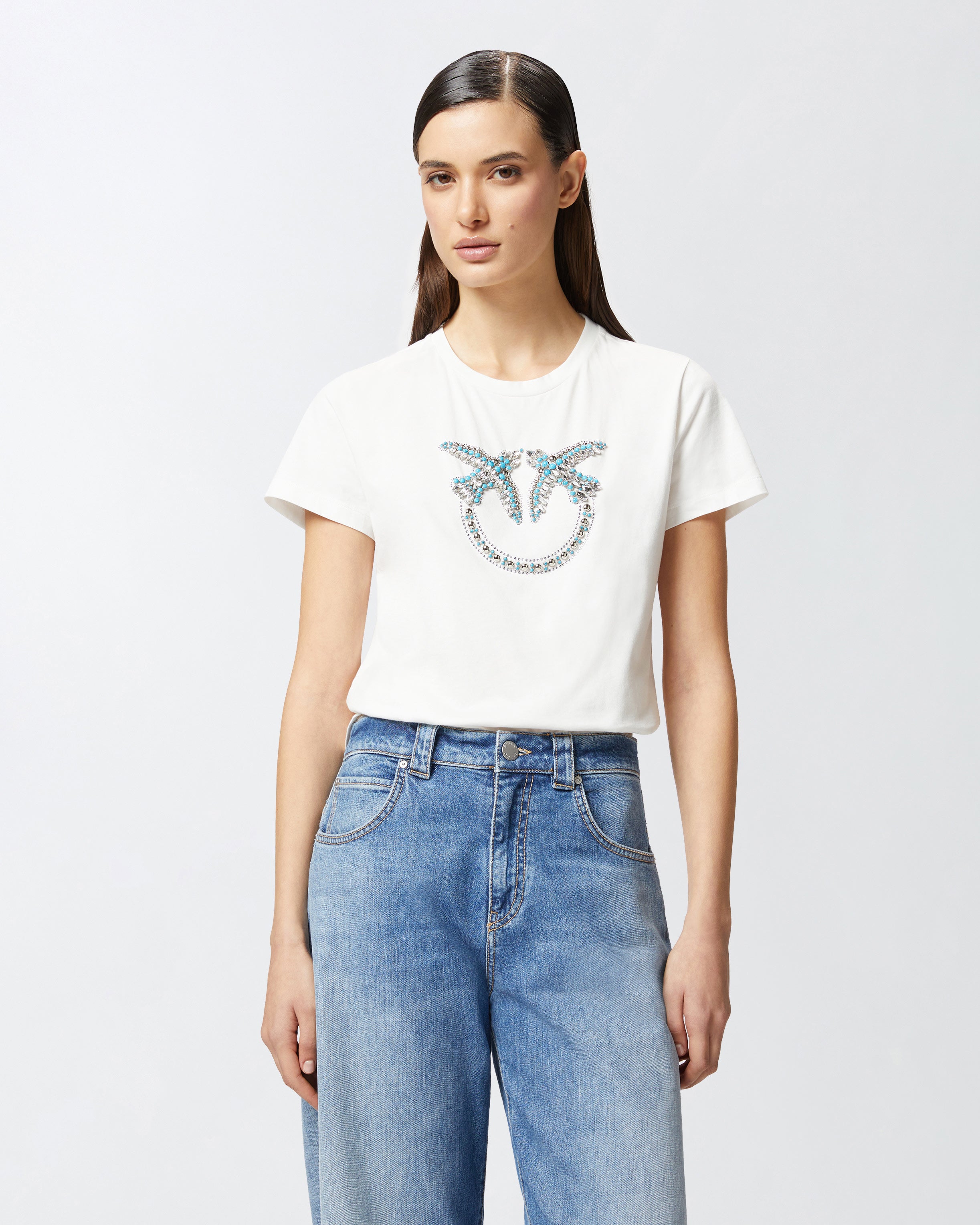 T-Shirt con ricamo logo 100535A2G7 Z05 PINKO Bianco-biancaneve 
