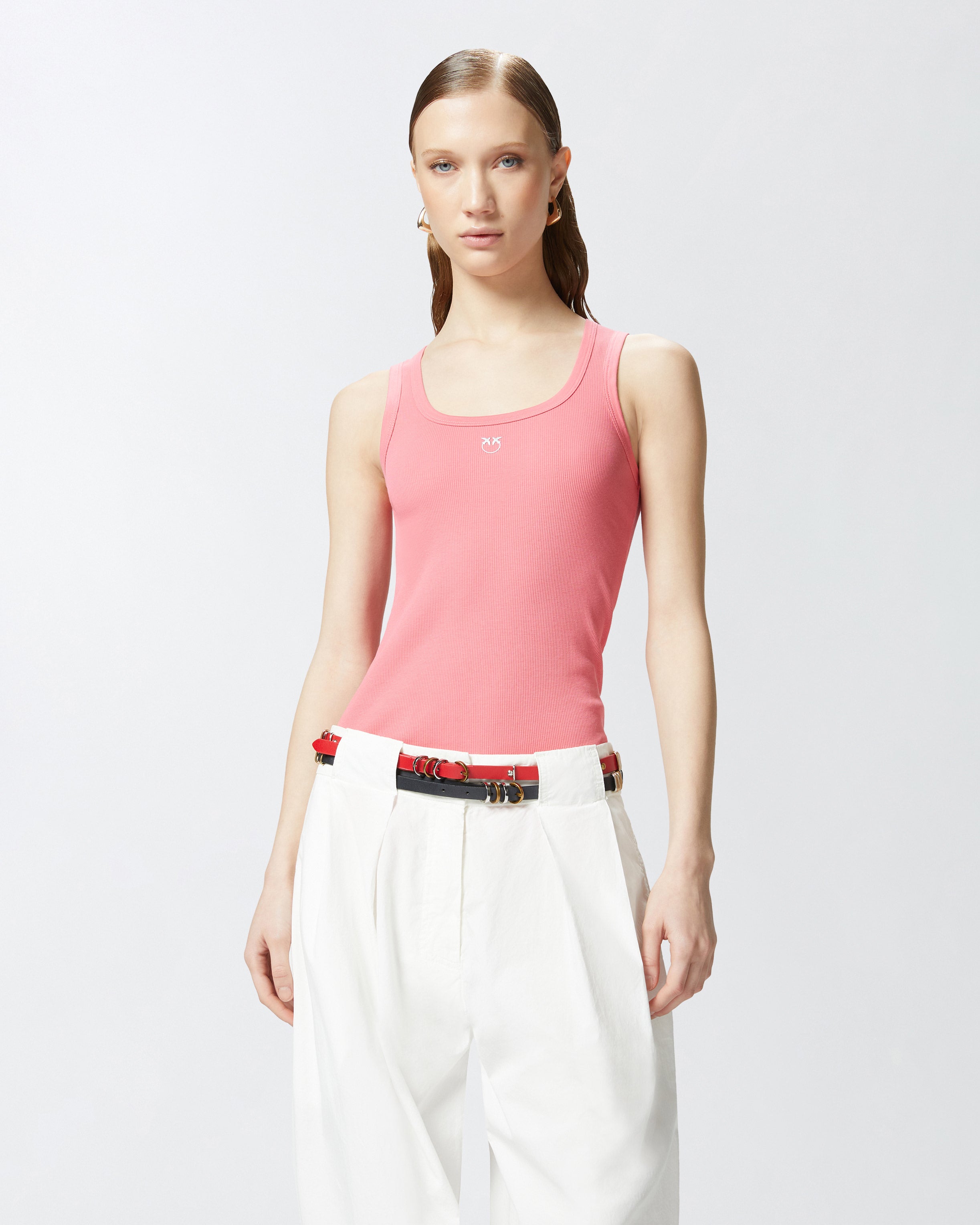 Top canottiera a costine con logo uccellini 100807A2C1 N55 PINKO Coral assolato 
