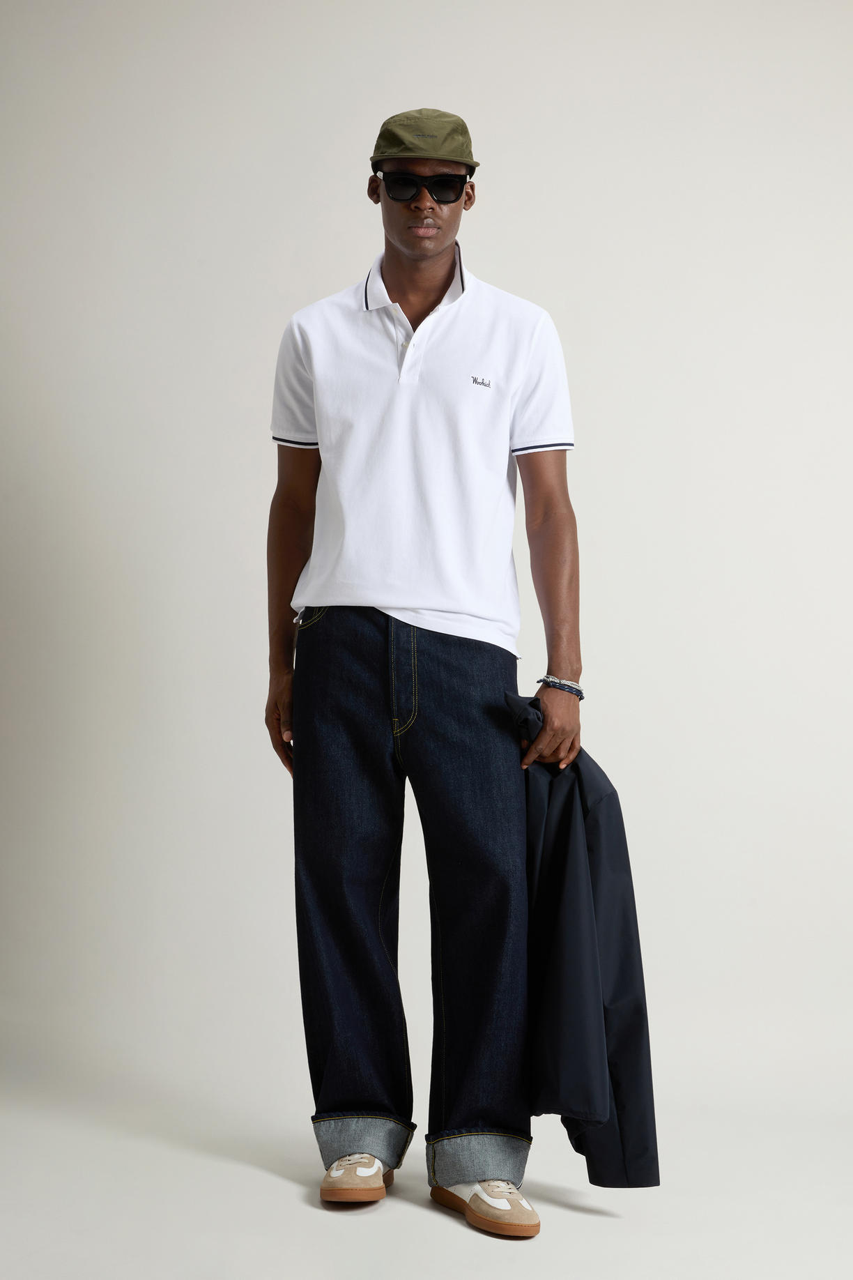 Polo Monterey in piquet di cotone elasticizzato con bordi a righe CFWOPO0066MRUT2556 8041 WOOLRICH Bright white 