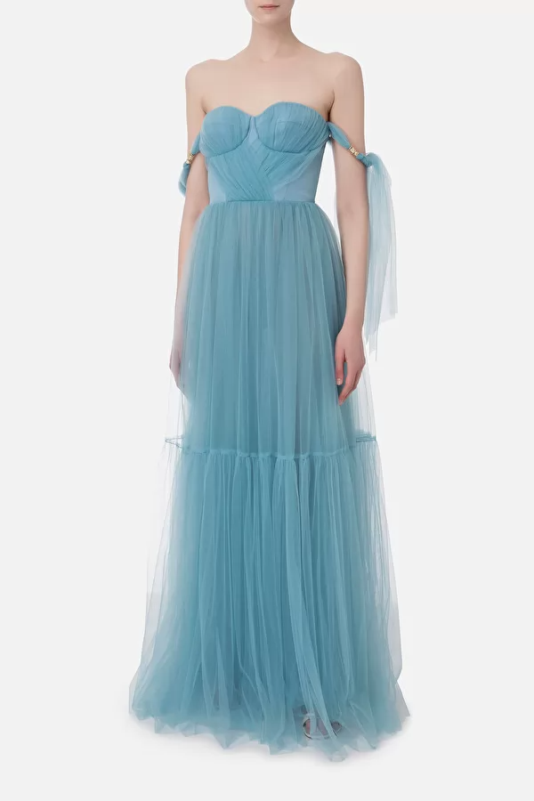 Abito red carpet in tulle con volant sulle maniche AB46532E2 016 ELISABETTA FRANCHI Carta da zucchero 