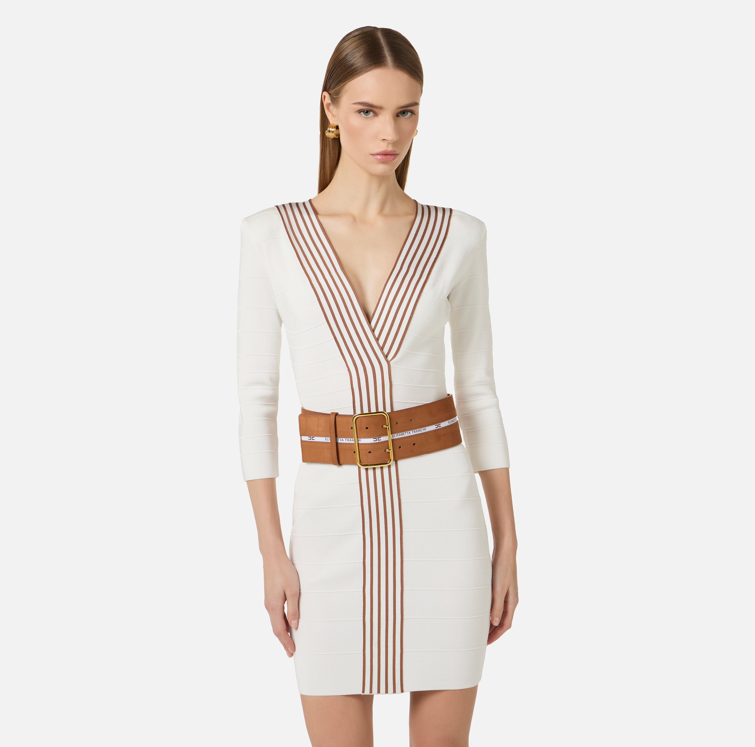 Abito in maglia con bande a righe AM01S61E2 AQ6 ELISABETTA FRANCHI Avorio/cuoio 