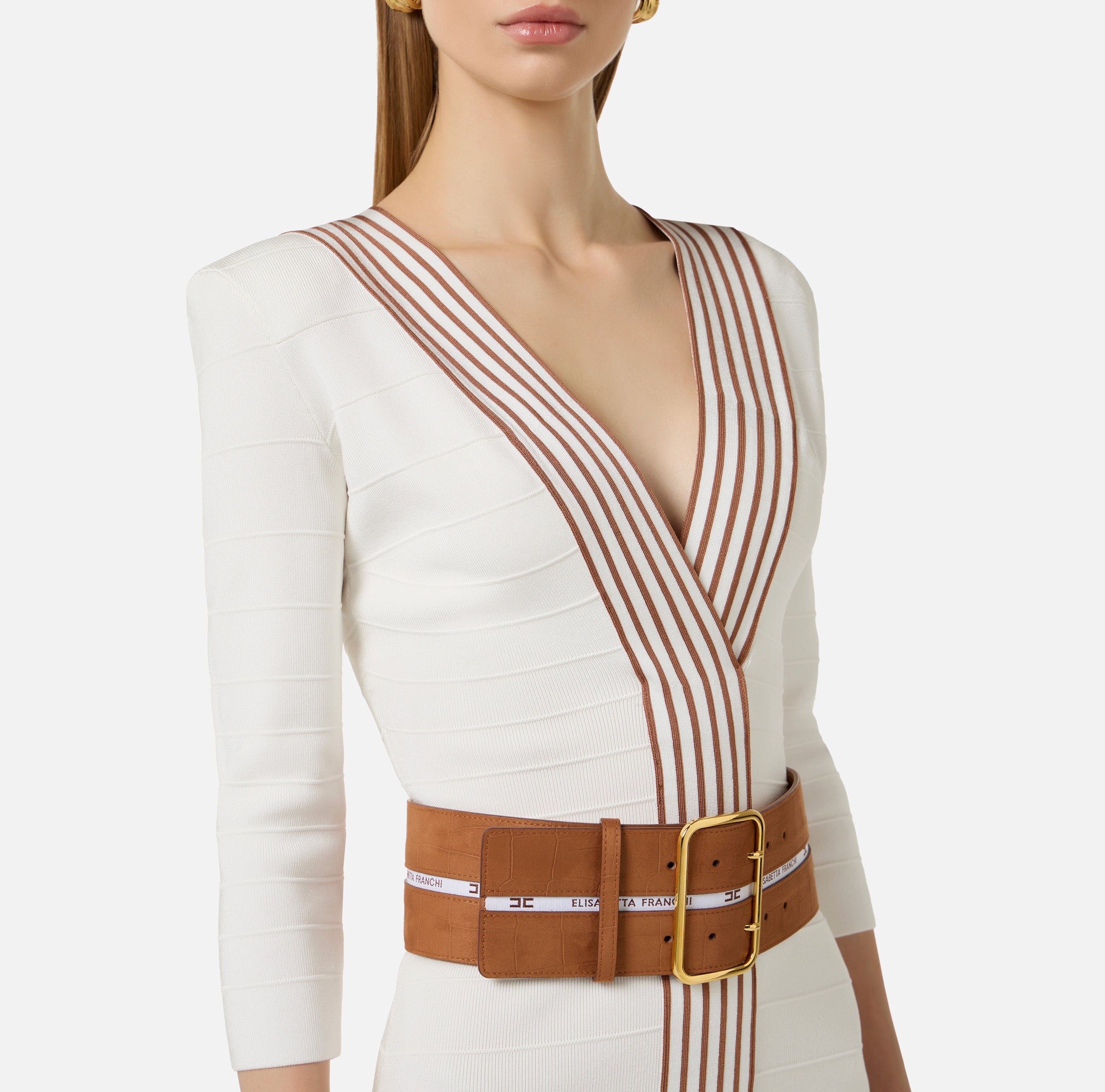Abito in maglia con bande a righe AM01S61E2 AQ6 ELISABETTA FRANCHI Avorio/cuoio 