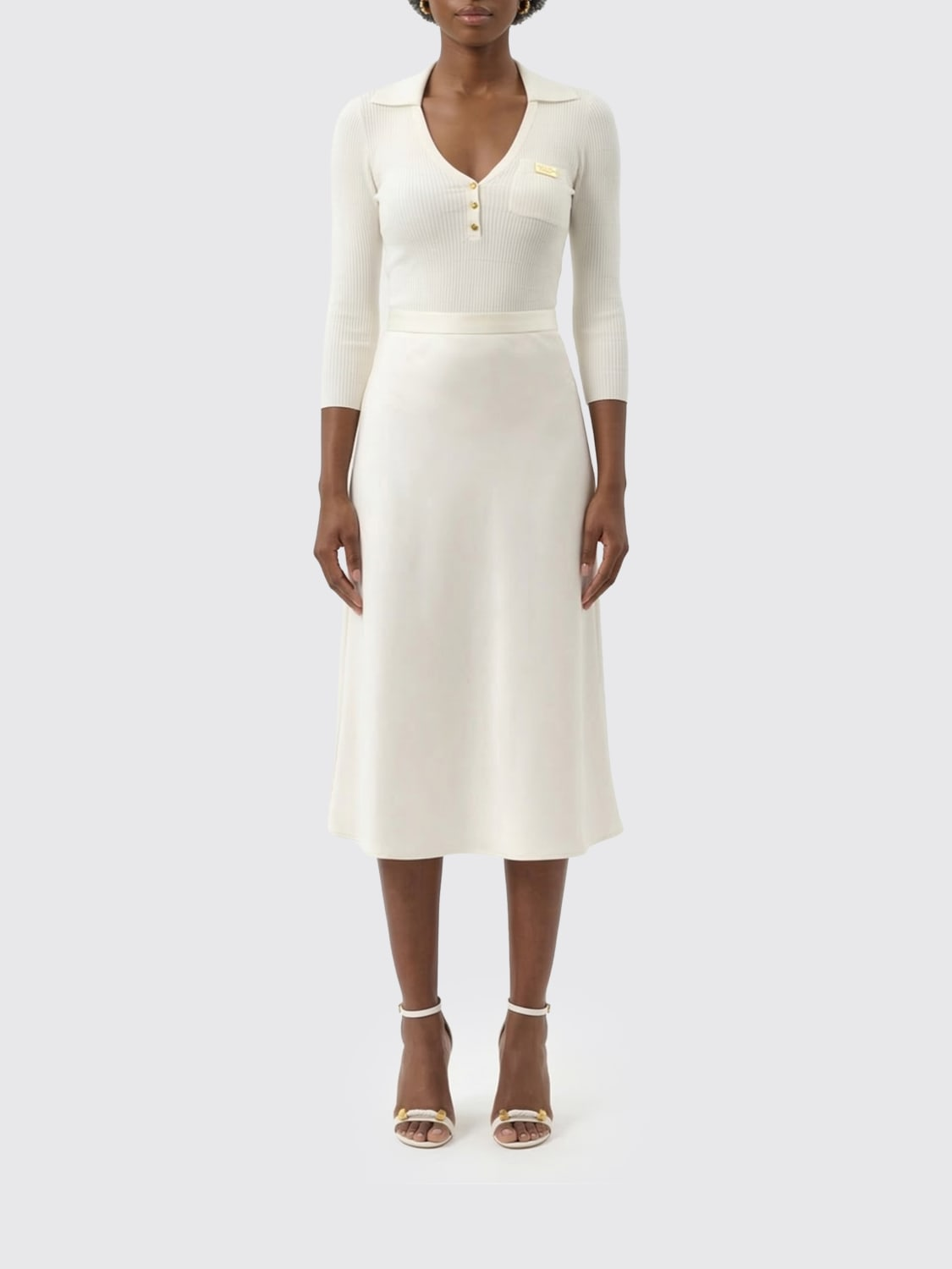 Abito in maglia a micro-trecce e raso AM13B61E2 360 ELISABETTA FRANCHI Avorio 