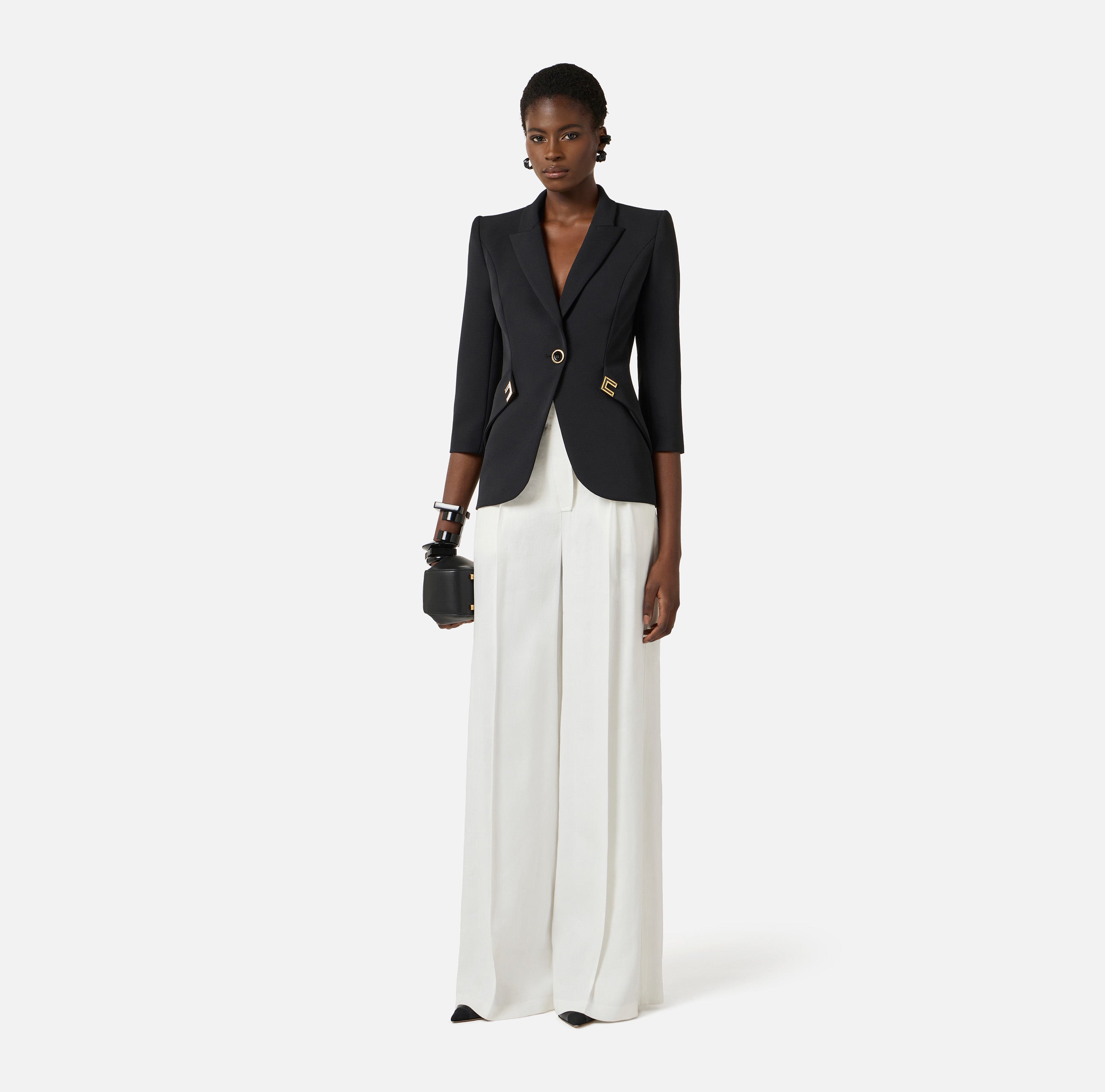 Giacca in doppio crêpe stretch con dettagli logo GI21561E2 110 ELISABETTA FRANCHI Nero 