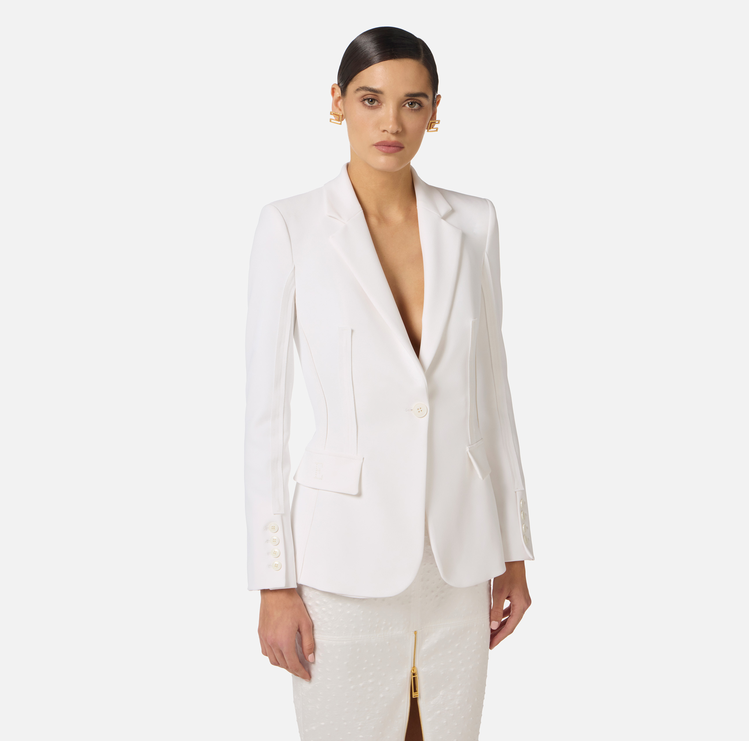 Giacca in doppio crêpe stretch con motivi a taglio vivo GI21661E2 360 ELISABETTA FRANCHI Avorio 