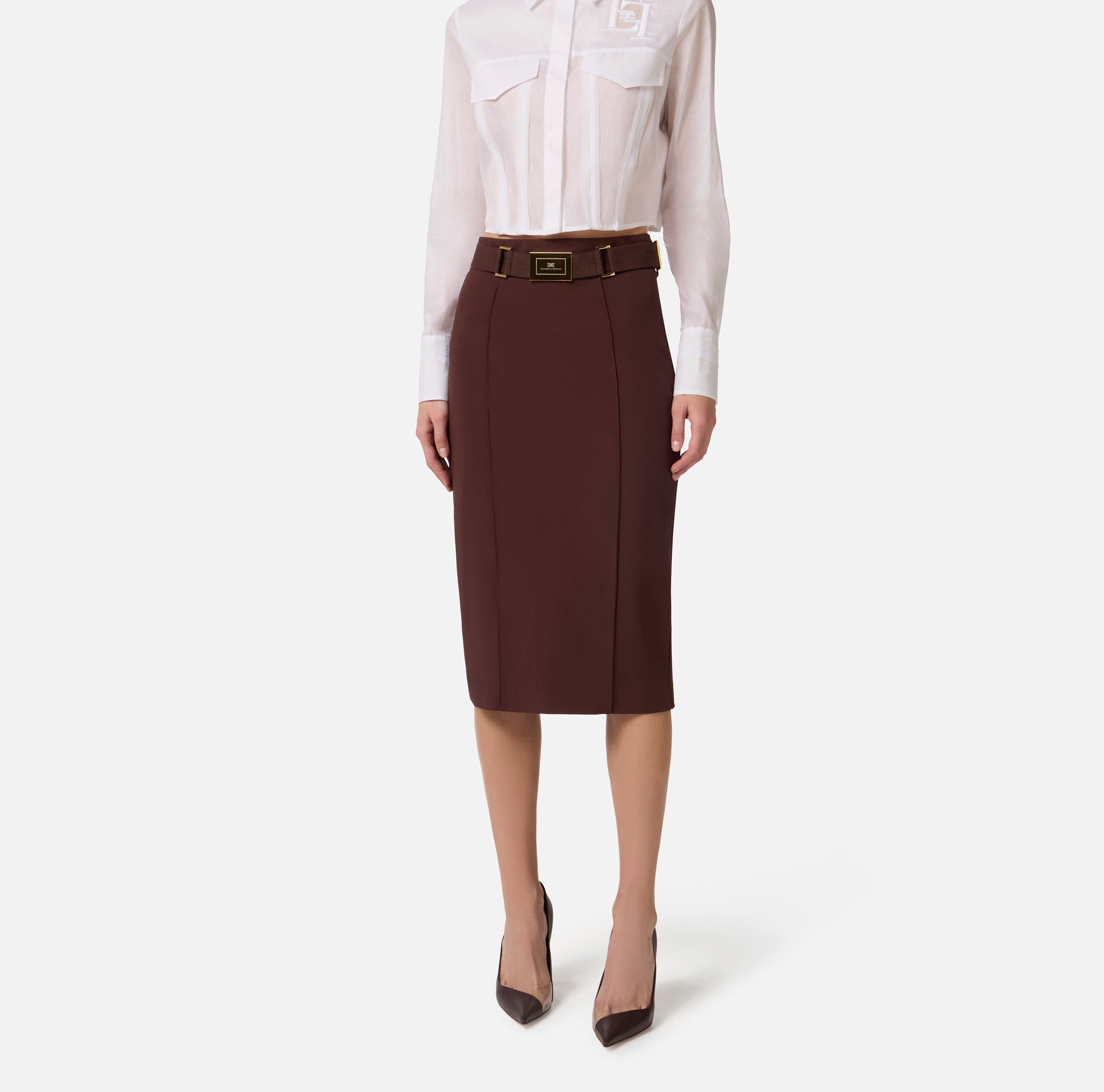 Gonna in tessuto tecnico bielastico con cintura GO15961E1 644 ELISABETTA FRANCHI Cacao 