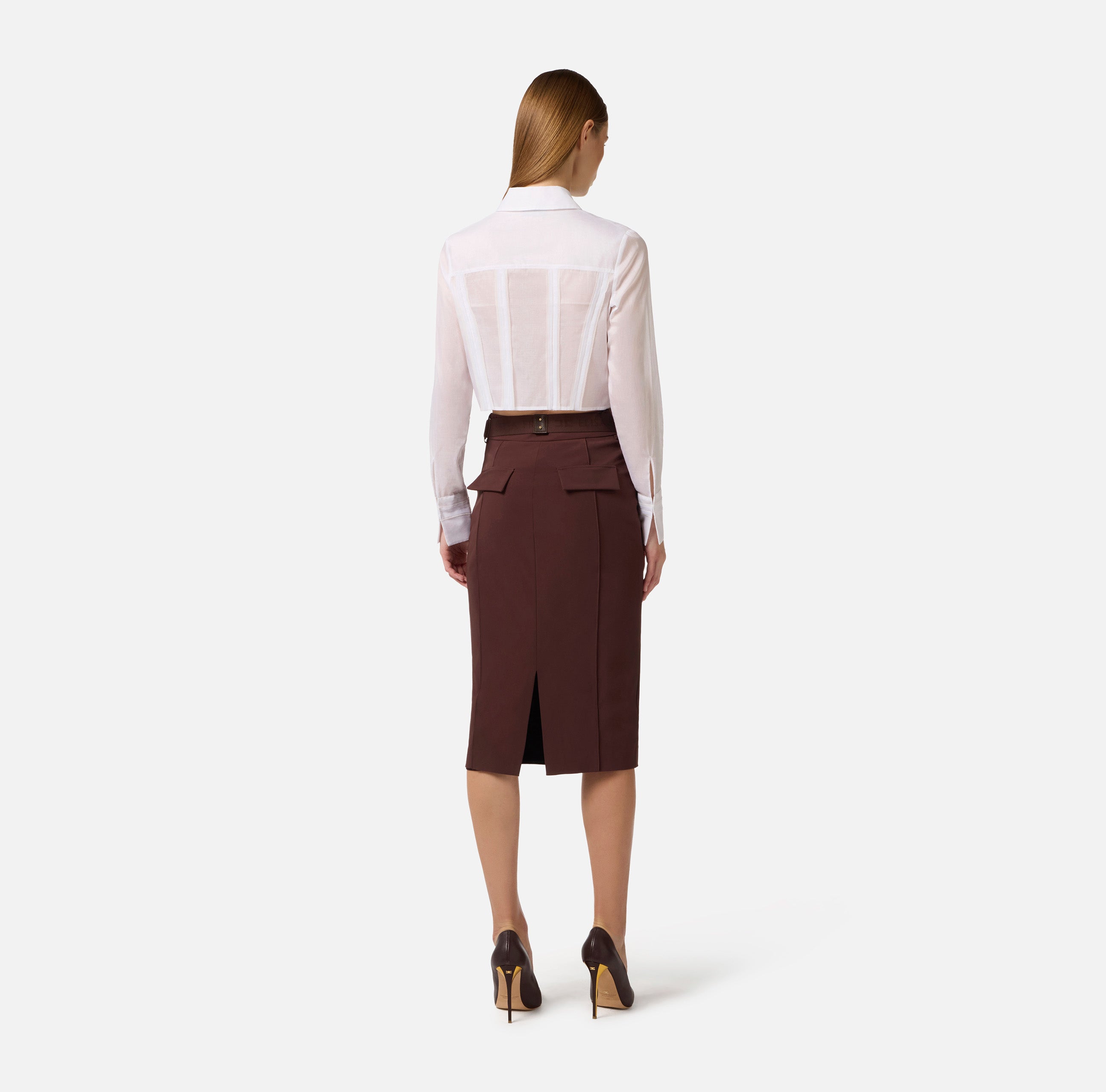 Gonna in tessuto tecnico bielastico con cintura GO15961E1 644 ELISABETTA FRANCHI Cacao 