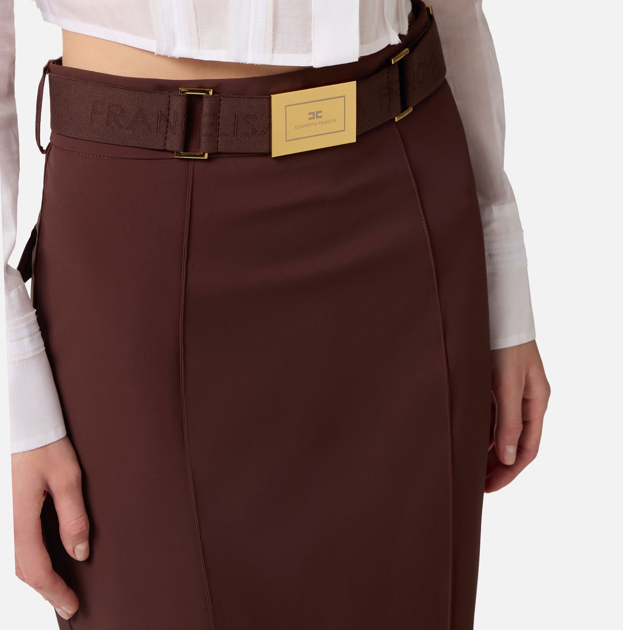 Gonna in tessuto tecnico bielastico con cintura GO15961E1 644 ELISABETTA FRANCHI Cacao 