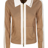 Giacca in maglia con bande in viscosa lucida<BR/> MK66S61E2 727 ELISABETTA FRANCHI Argilla/burro 
