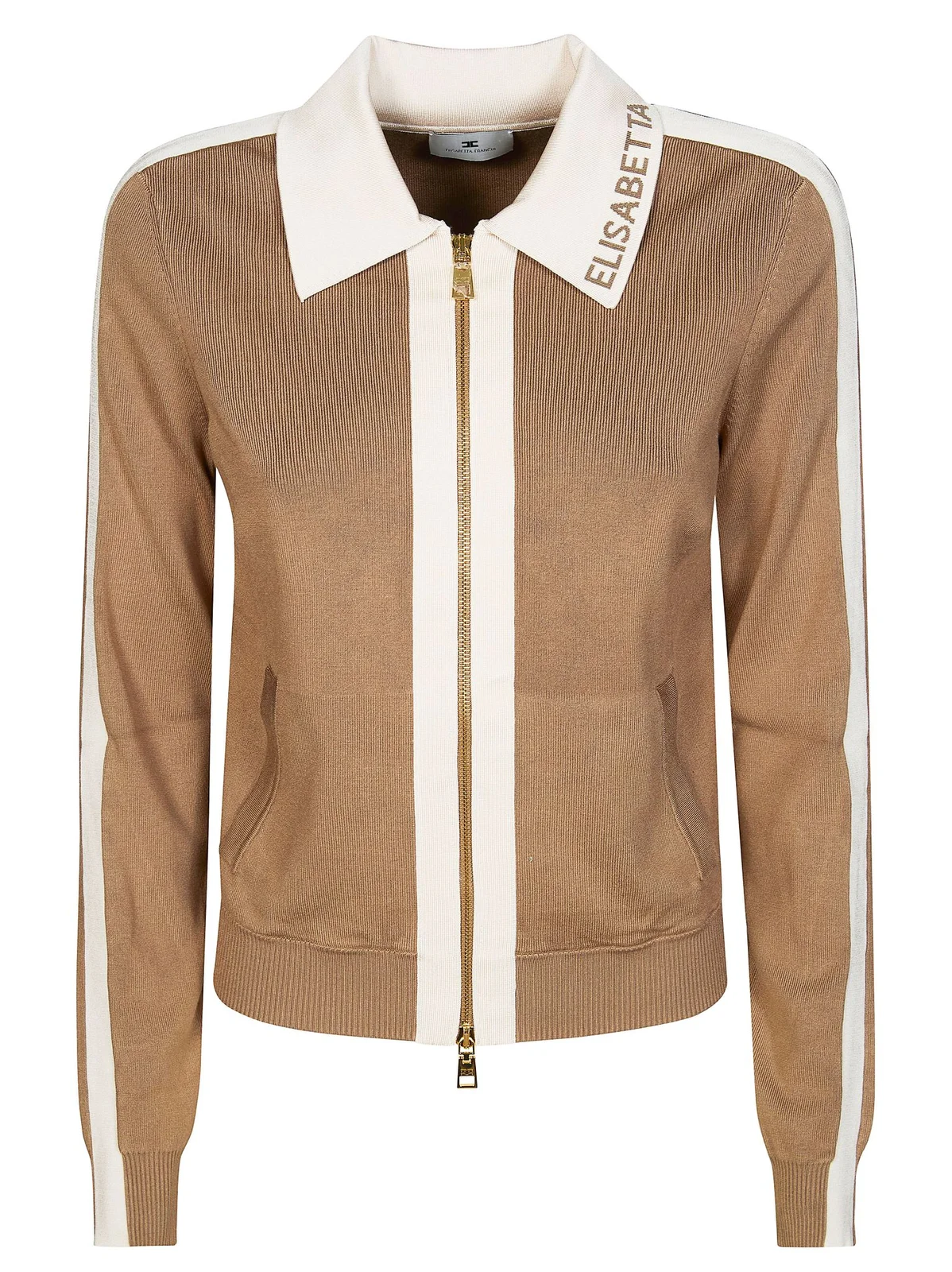 Giacca in maglia con bande in viscosa lucida<BR/> MK66S61E2 727 ELISABETTA FRANCHI Argilla/burro 