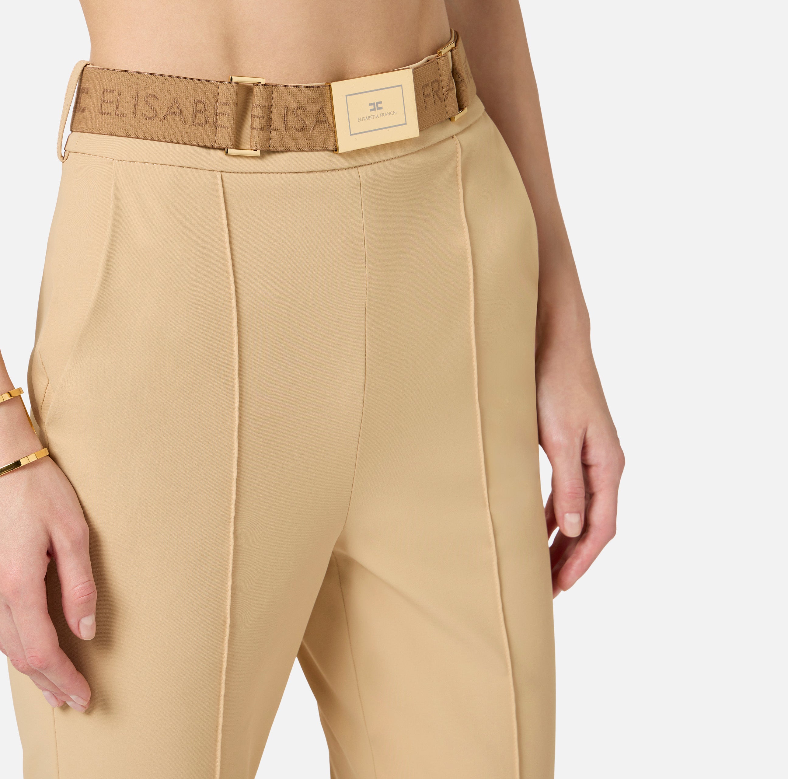 Pantaloni in tessuto tecnico bielastico con cintura PA13261E2 470 ELISABETTA FRANCHI Cammello 
