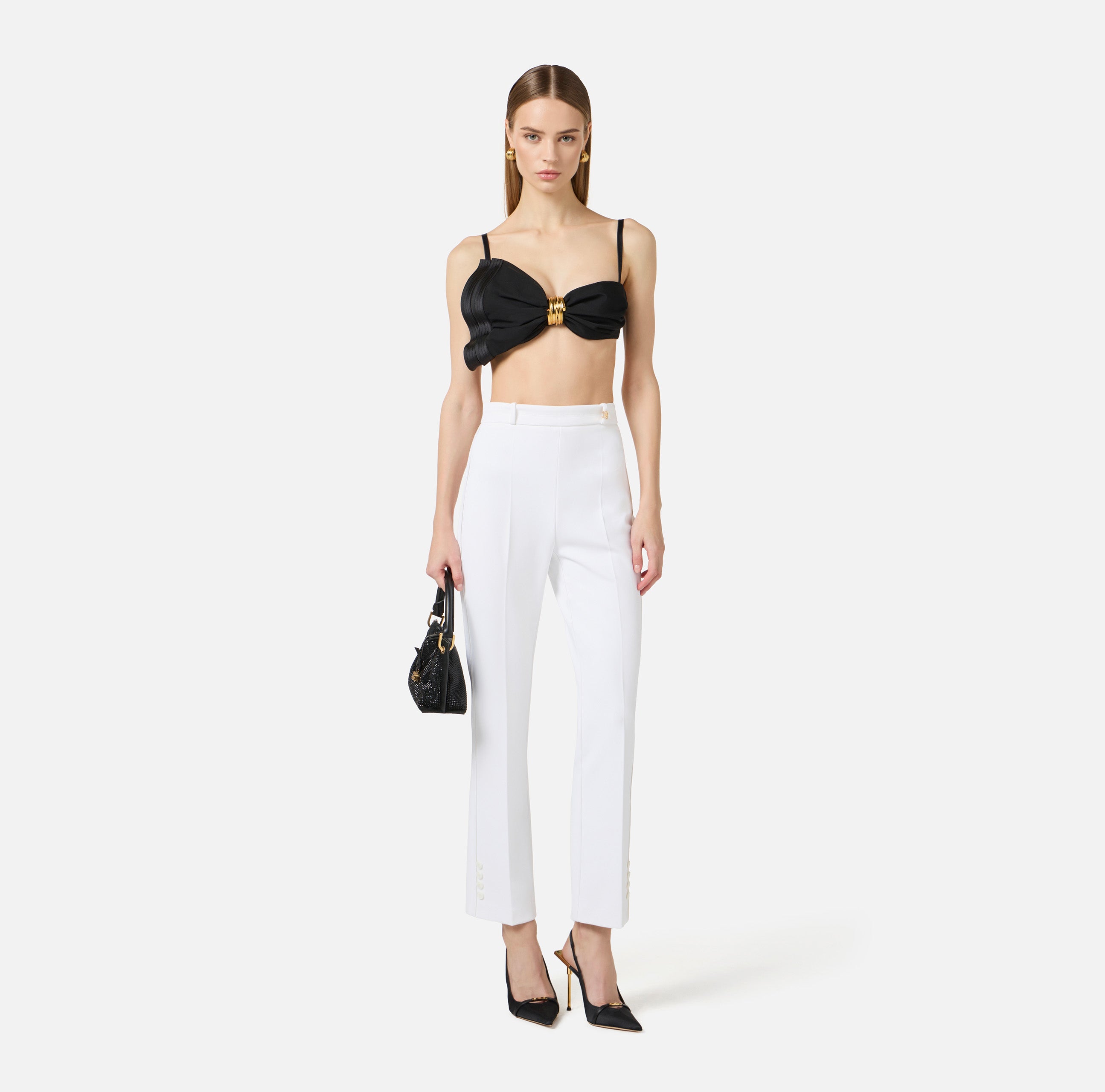 Pantaloni in doppio crêpe stretch con logo charm PA16861E2 360 ELISABETTA FRANCHI Avorio 