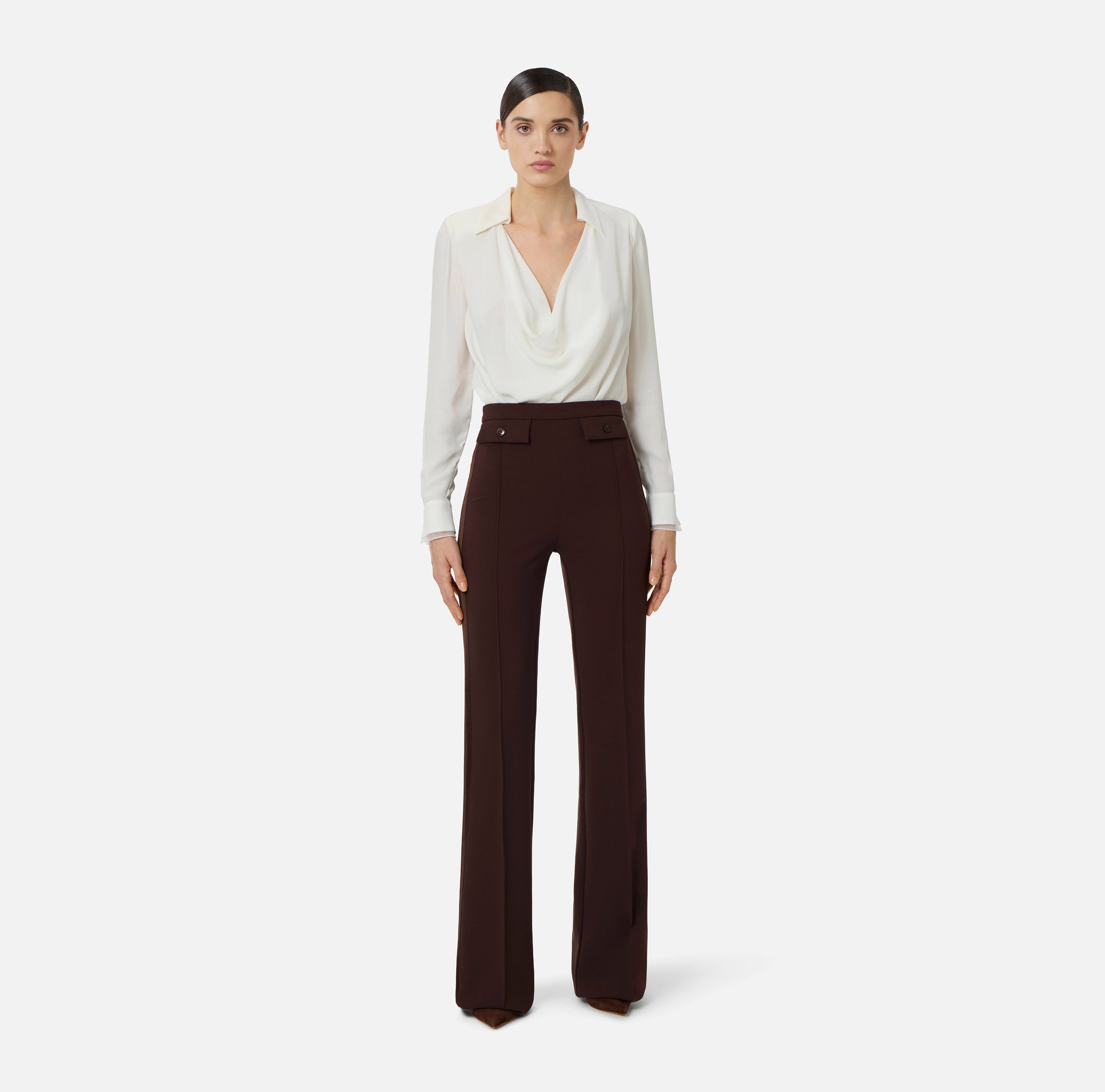Pantaloni in crêpe leggero e raso PA18362E2 644 ELISABETTA FRANCHI Cacao 