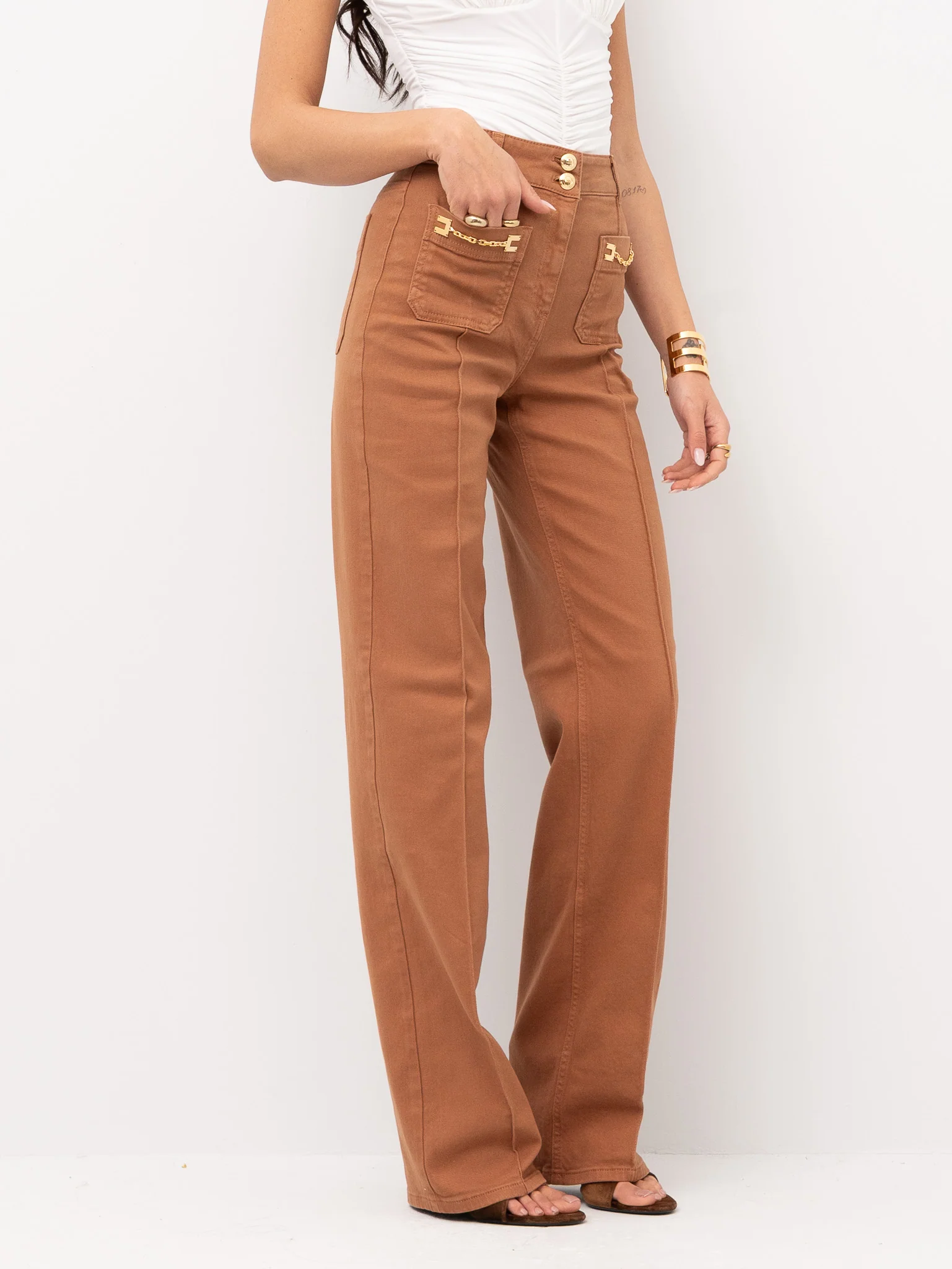 Pantalone in cotone gamba dritta PJ25D61E2 600 ELISABETTA FRANCHI Cuoio 