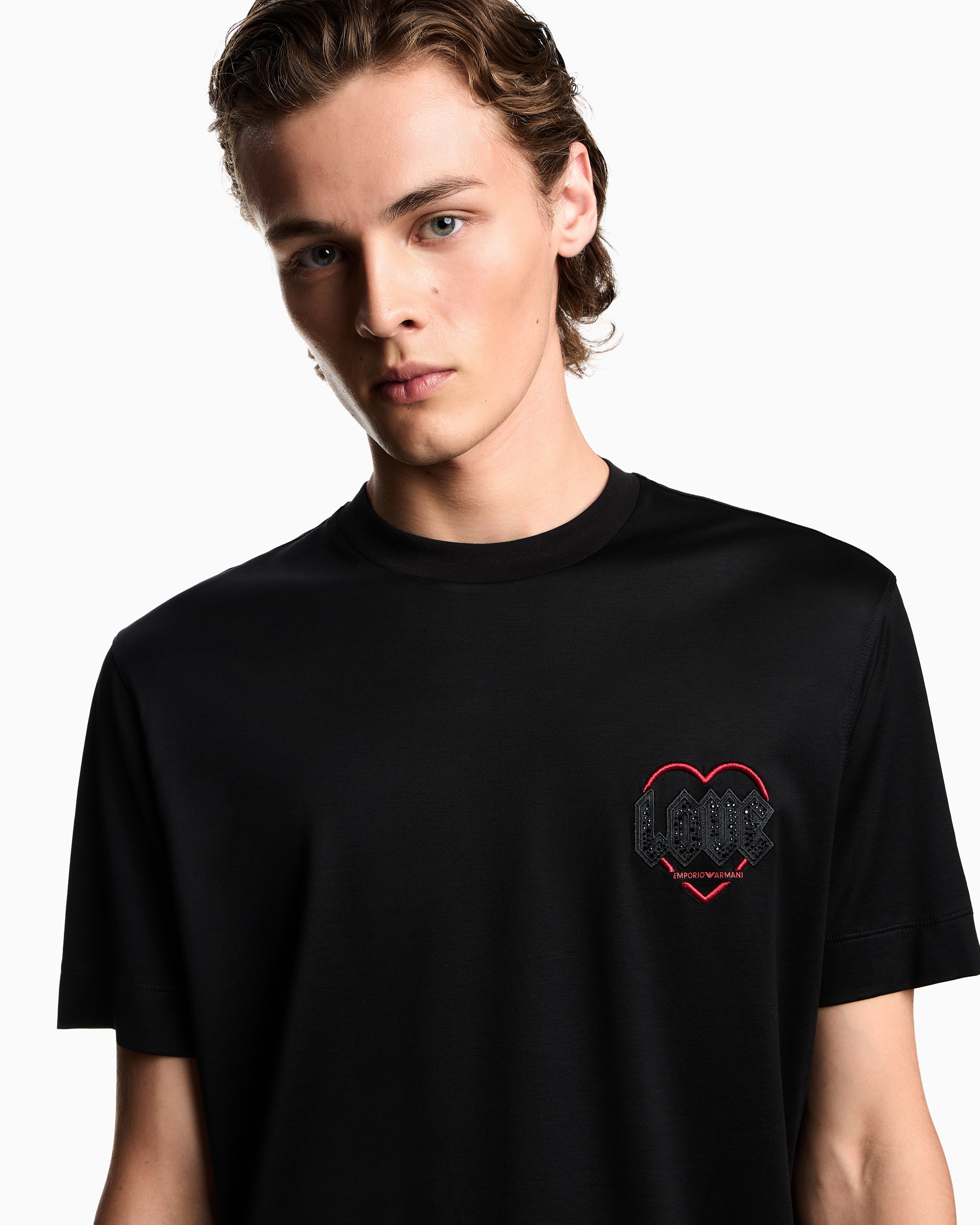 T-shirt in jersey misto lyocell con ricamo Capsule San Valentino EM002821 AF10761 UC001 EMPORIO ARMANI Black beauty 