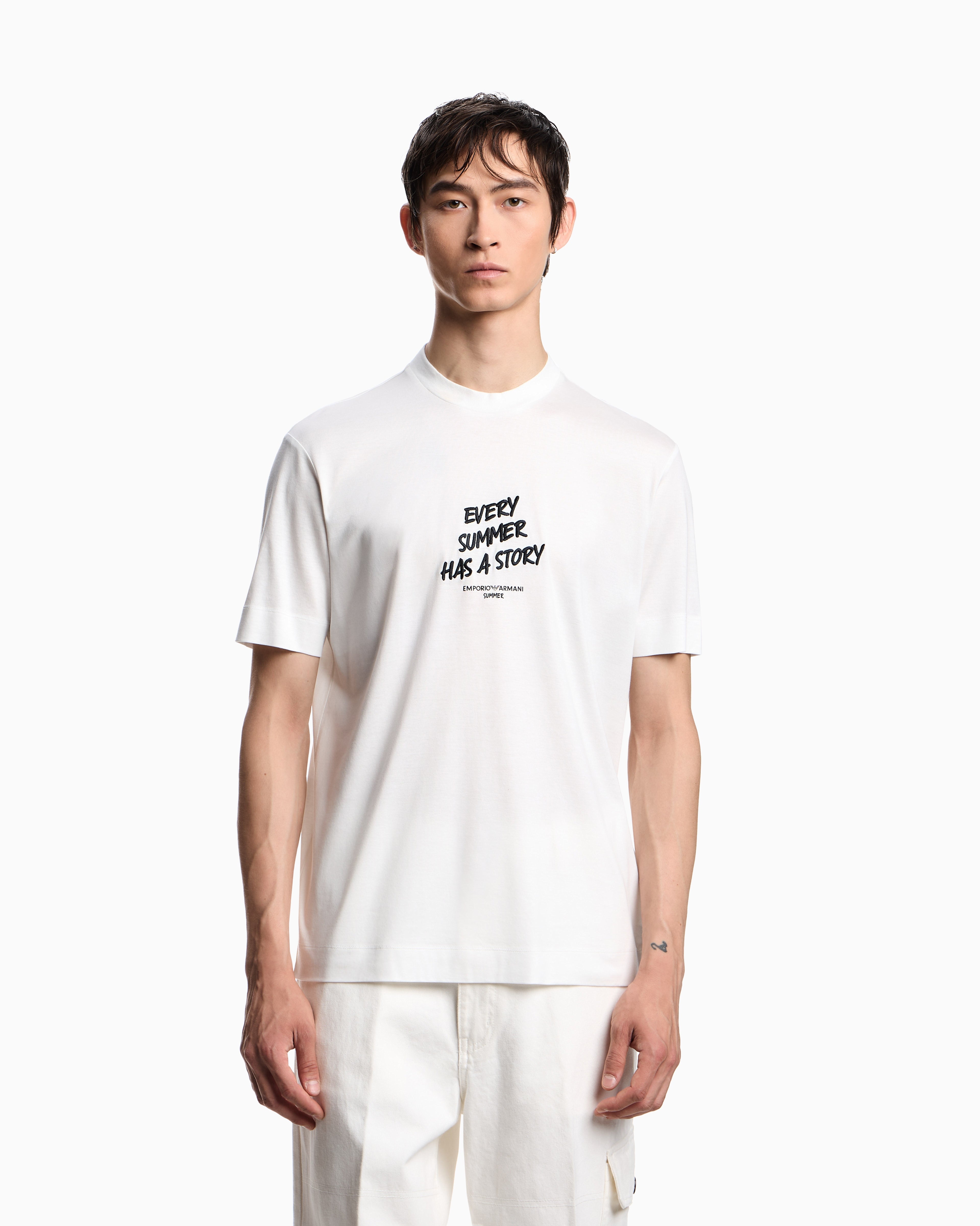T-shirt in jersey misto lyocell con ricamo frase summer mood ASV EM003649 AF18312 U0003 EMPORIO ARMANI Snow white 