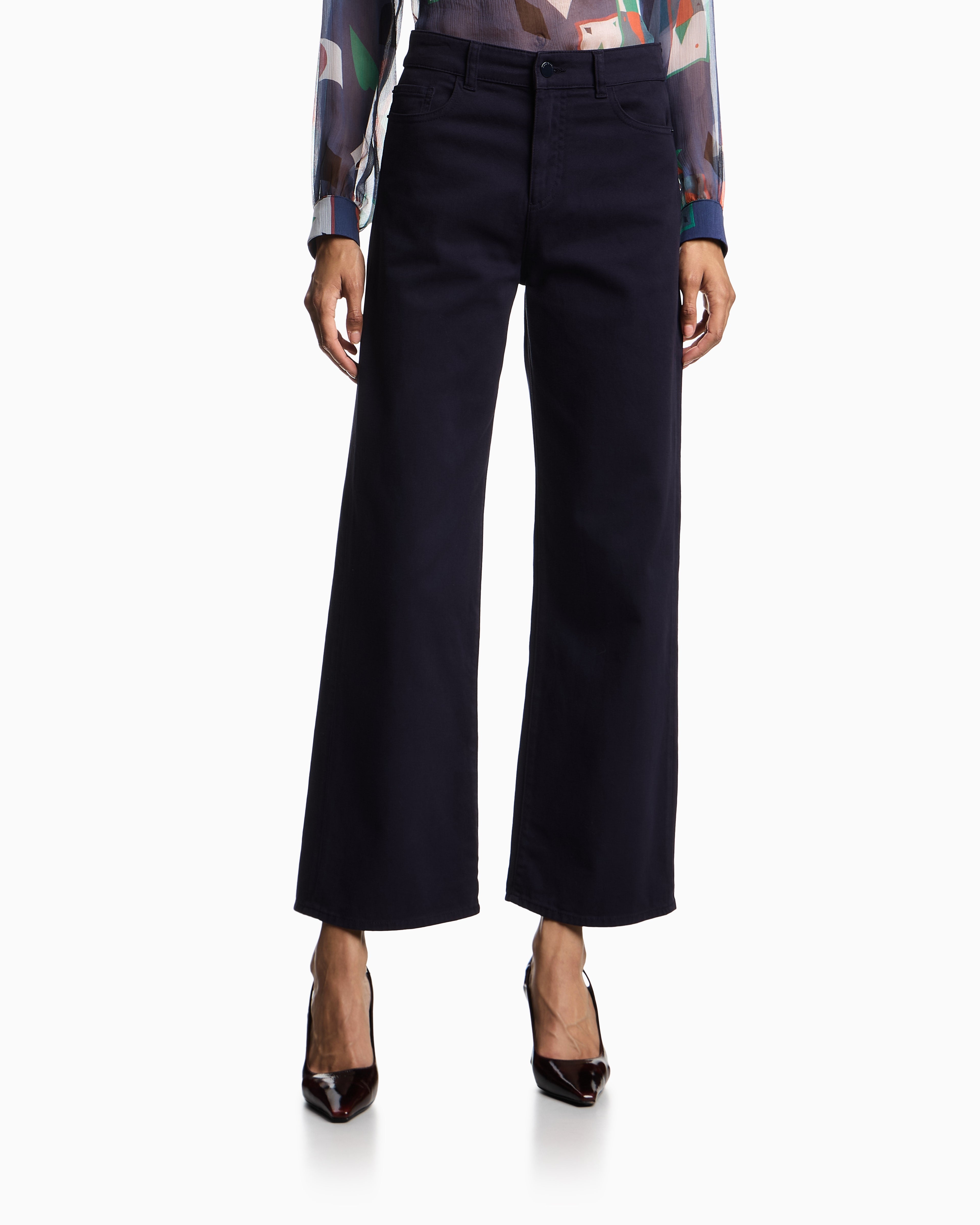Pantalone vita media e gamba ampia cropped in drill stretch tinto capo EW000019 AF17027 UB115 EMPORIO ARMANI Blue navy 