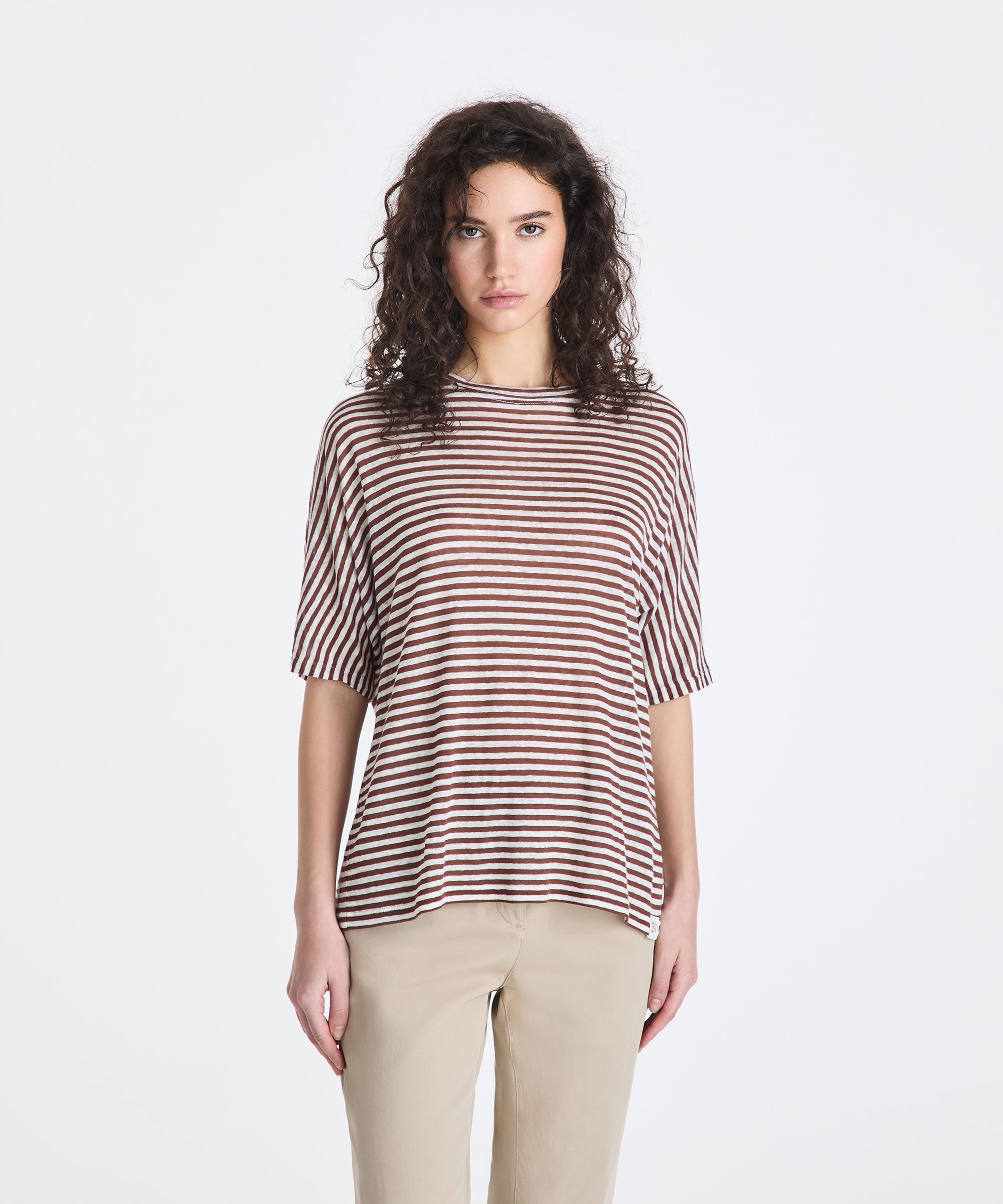 T-shirt a righe in misto lino PED5343 99012278 RI004 PEUTEREY Bianco/marrone 