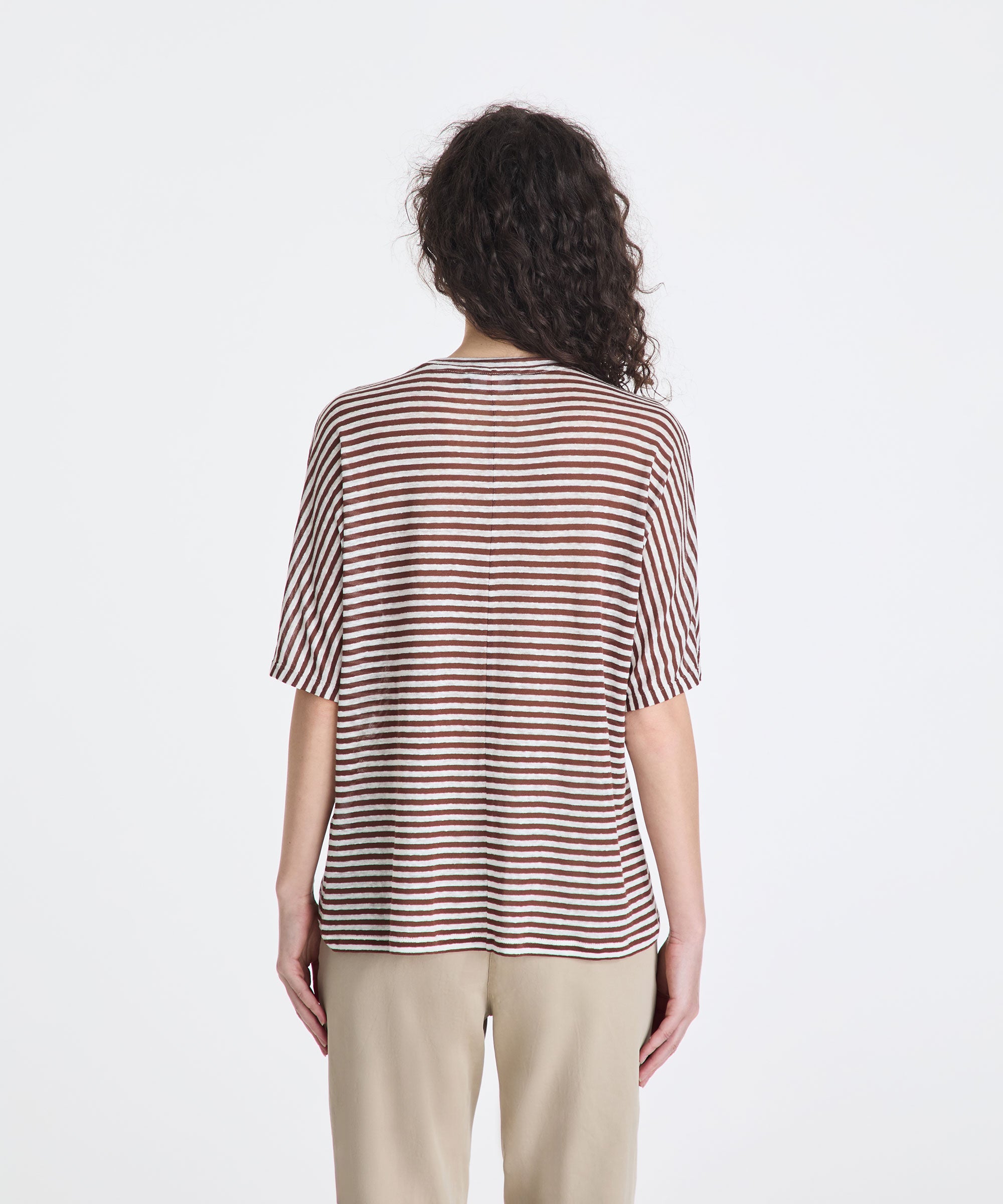 T-shirt a righe in misto lino PED5343 99012278 RI004 PEUTEREY Bianco/marrone 