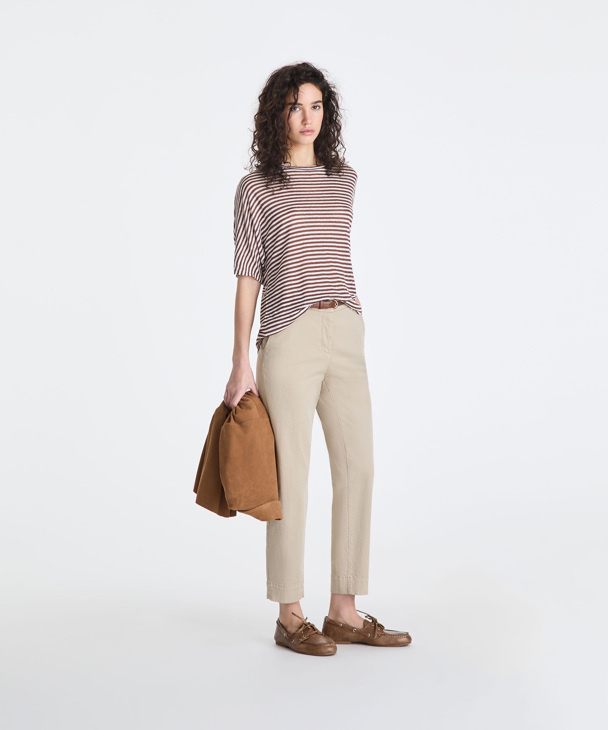 T-shirt a righe in misto lino PED5343 99012278 RI004 PEUTEREY Bianco/marrone 