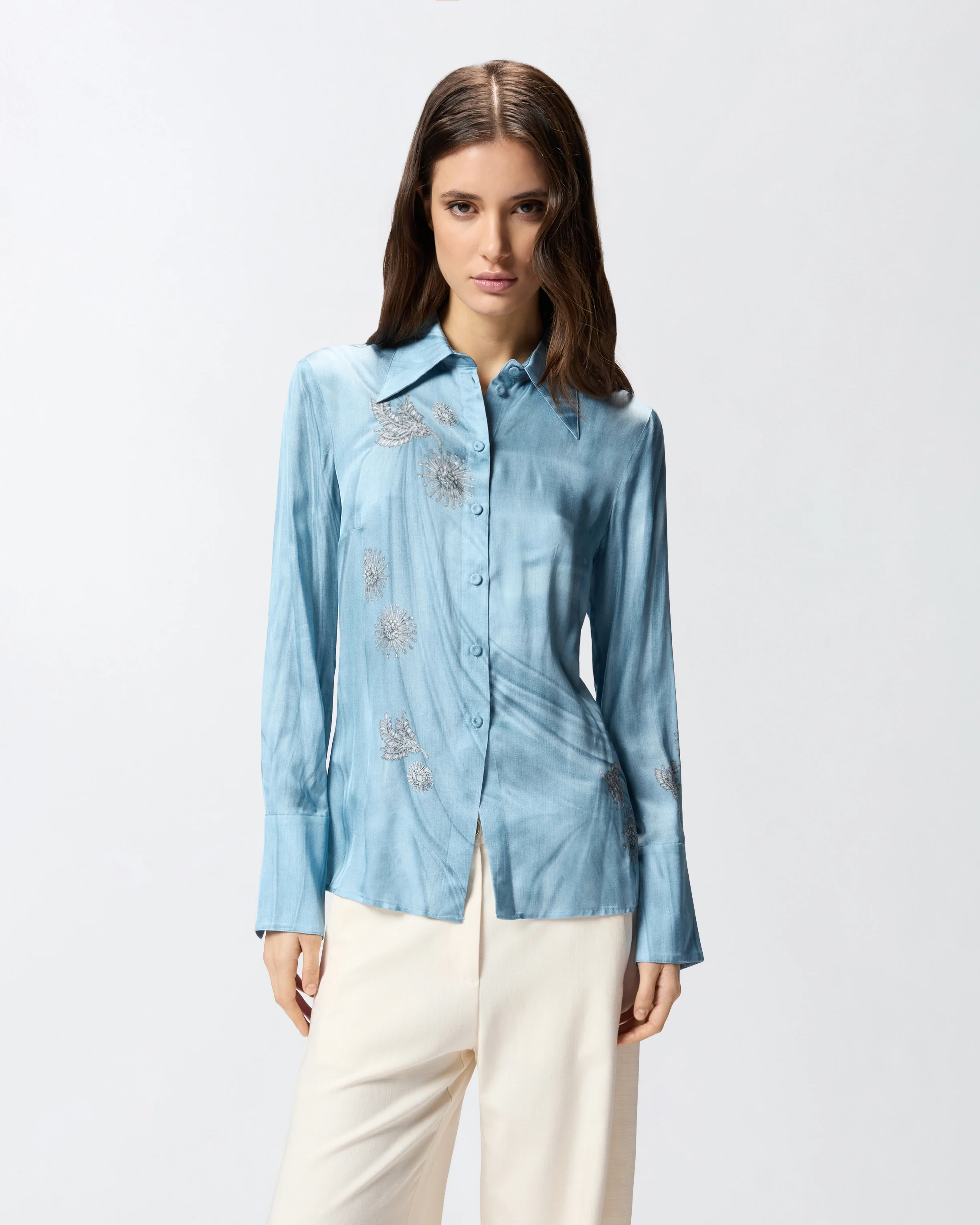 Camicia fluida con stampa gioiello piazzata 106211A37N F15 PINKO Azzurro-denim sbiadito 