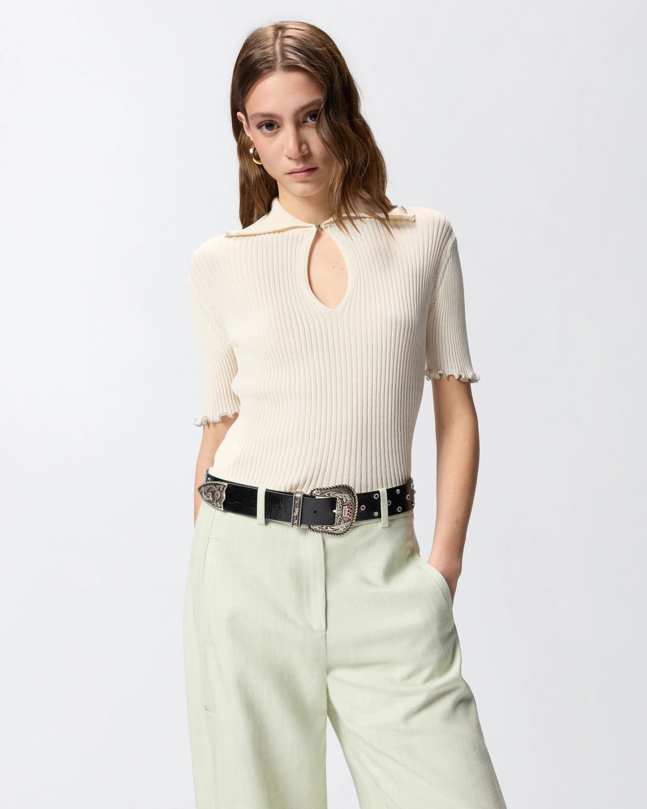 Maglia a costine con bordi gioiello 106287A343 C14 PINKO Bianco 