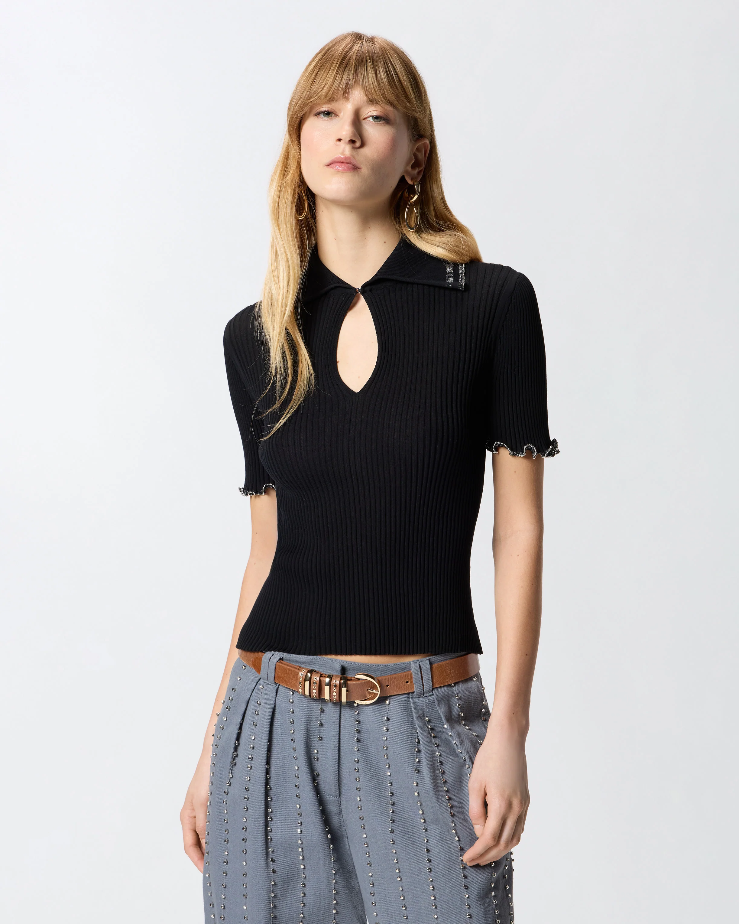 Maglia a costine con bordi gioiello 106287A343 Z99 PINKO Nero 