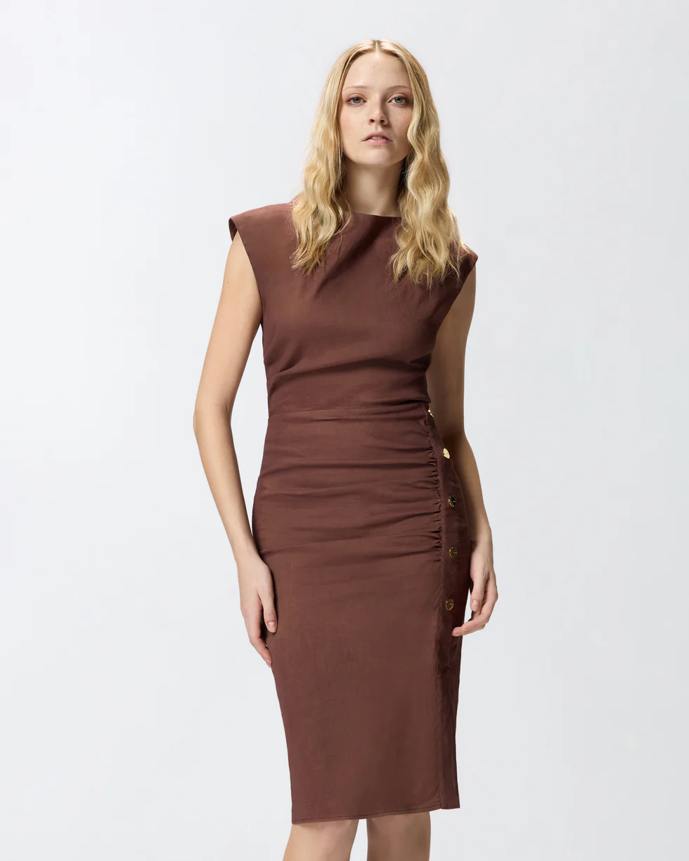 Abito longuette aderente in lino 106521A34I L78 PINKO Marrone terra x piante 