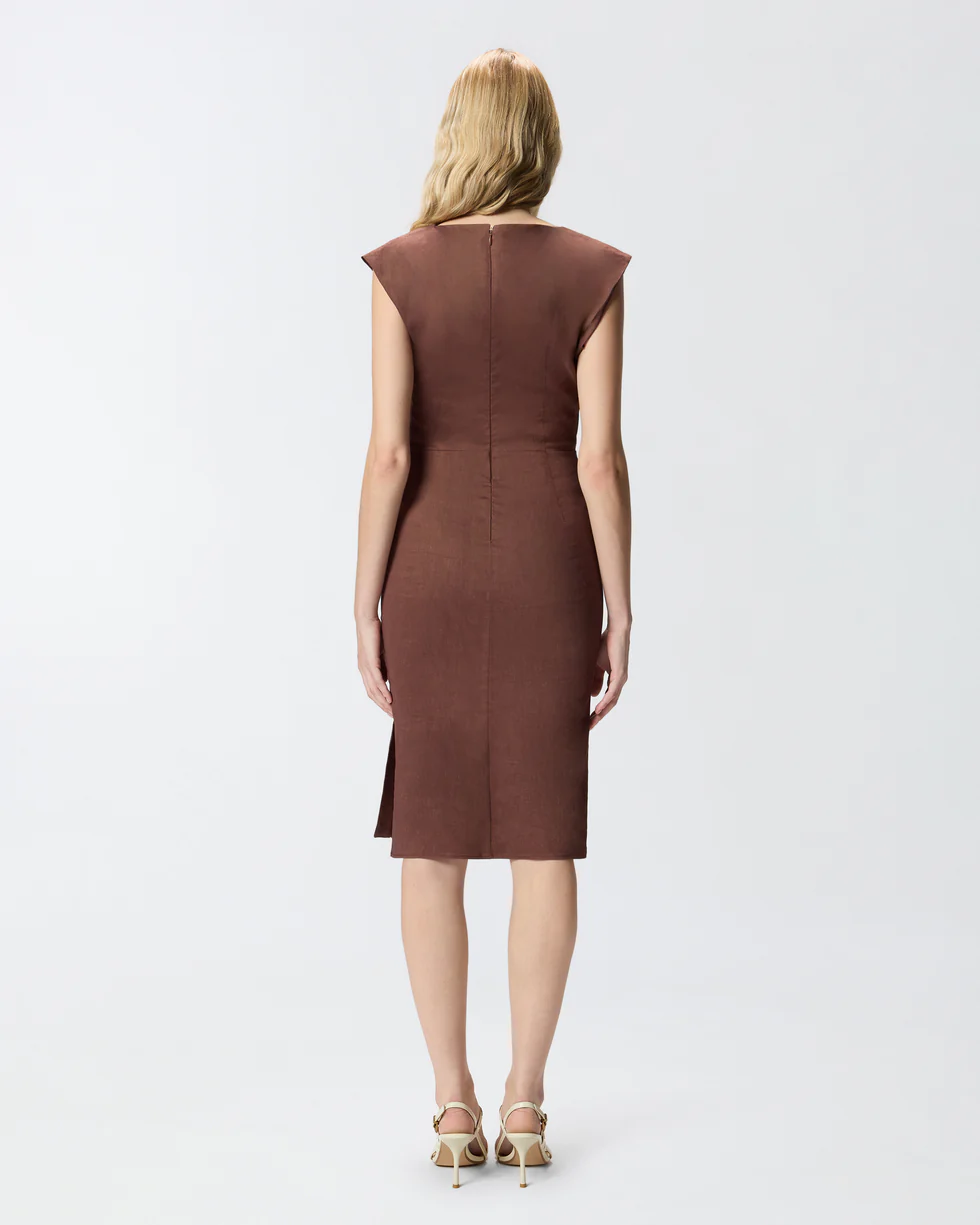 Abito longuette aderente in lino 106521A34I L78 PINKO Marrone terra x piante 