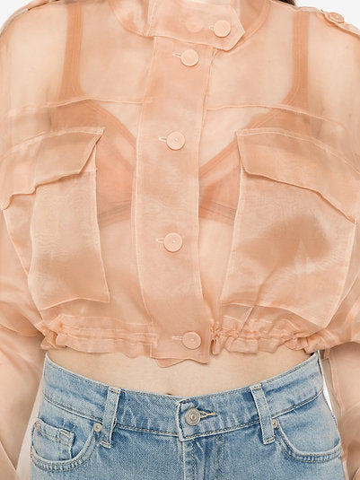 Caban cropped in organza di pura seta 106603A2DJ Q35 PINKO Rosa mogano 