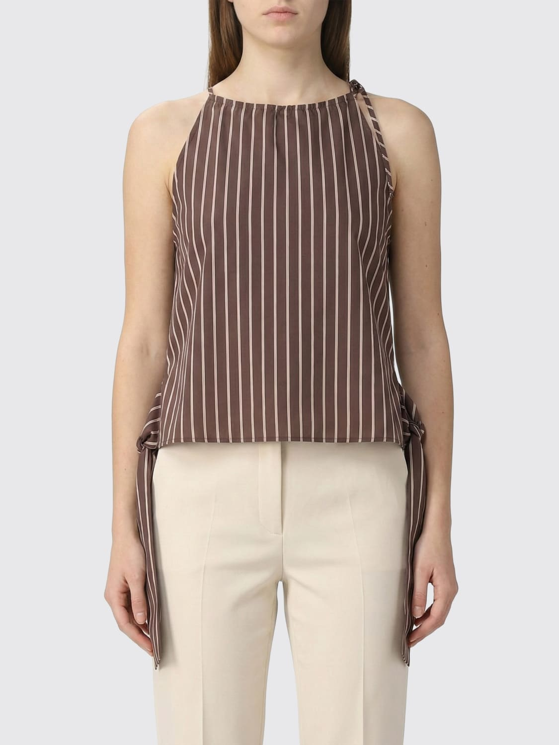 Top a righe con spalline sottili e fiocchi 106671A33Q LN1 PINKO Marrone/rosa 
