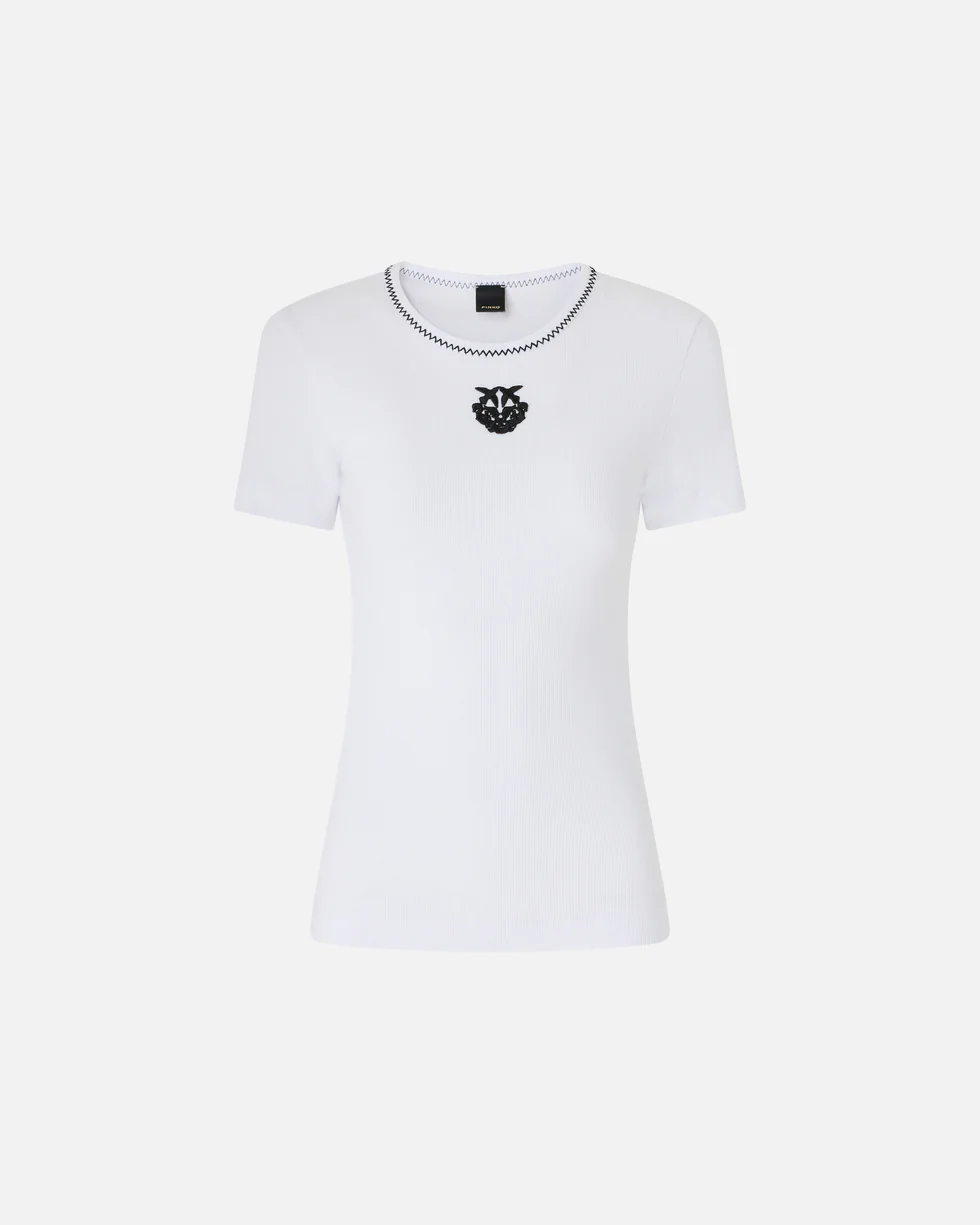 T-shirt a costine con ricamo 106815A3AL Z04 PINKO Bianco brill. 